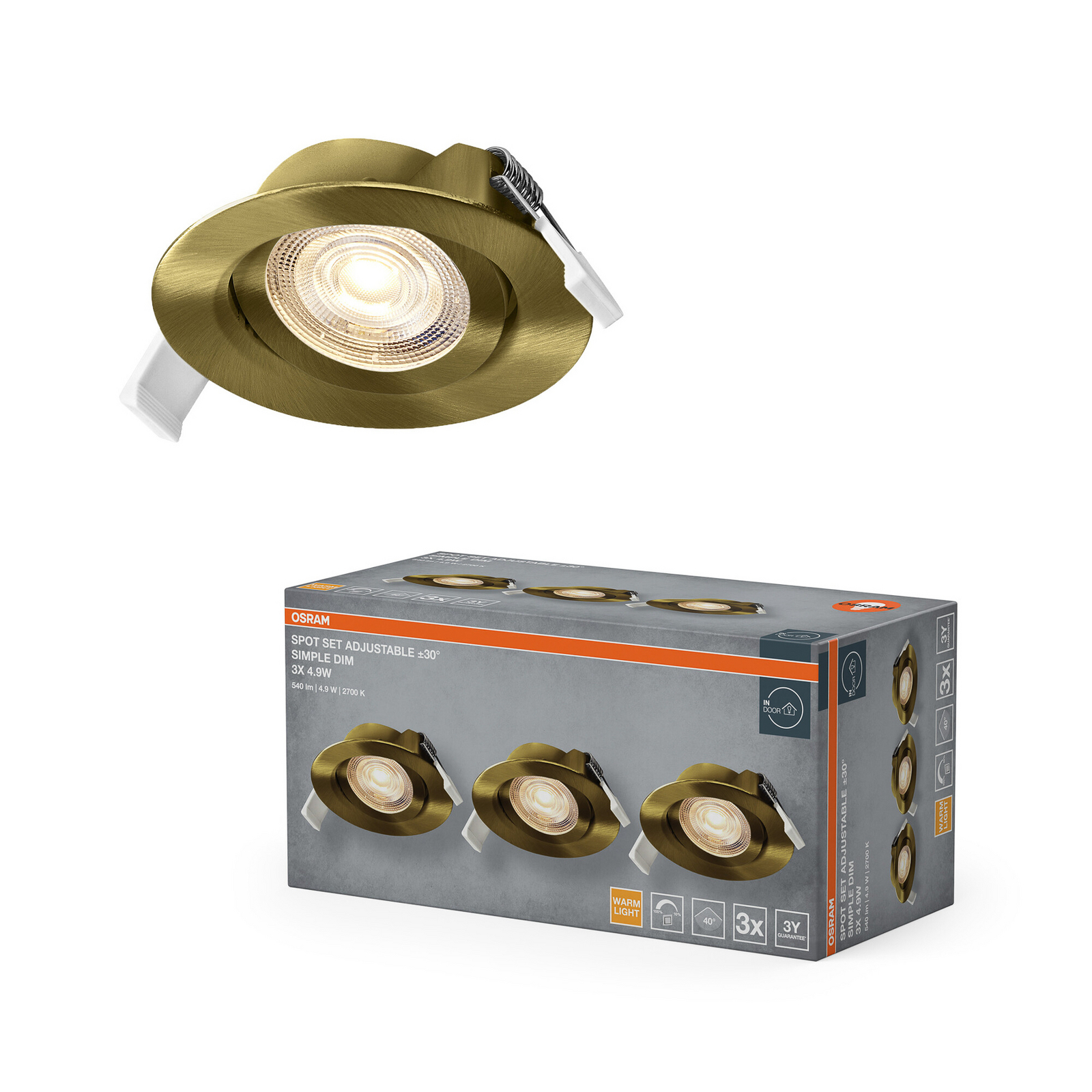Σετ 3 ενσωματωμένων σποτ LED OSRAM, clickdim, 40°, ορείχαλκος, Ø 9 cm Σετ 3 ενσωματωμένων σποτ LED OSRAM, clickdim, 40°, ορείχαλκος, Ø 9 cm