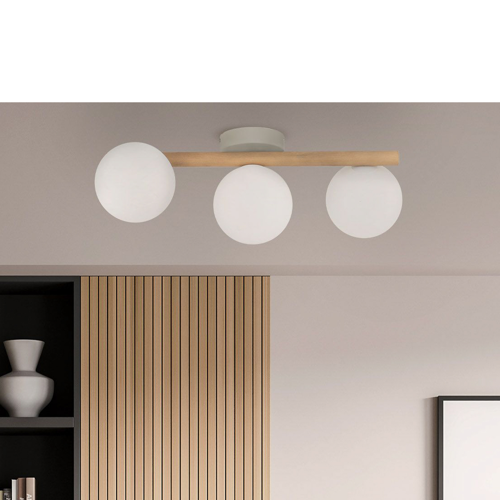 Estera ceiling light, opal glass, wood, 3-bulb