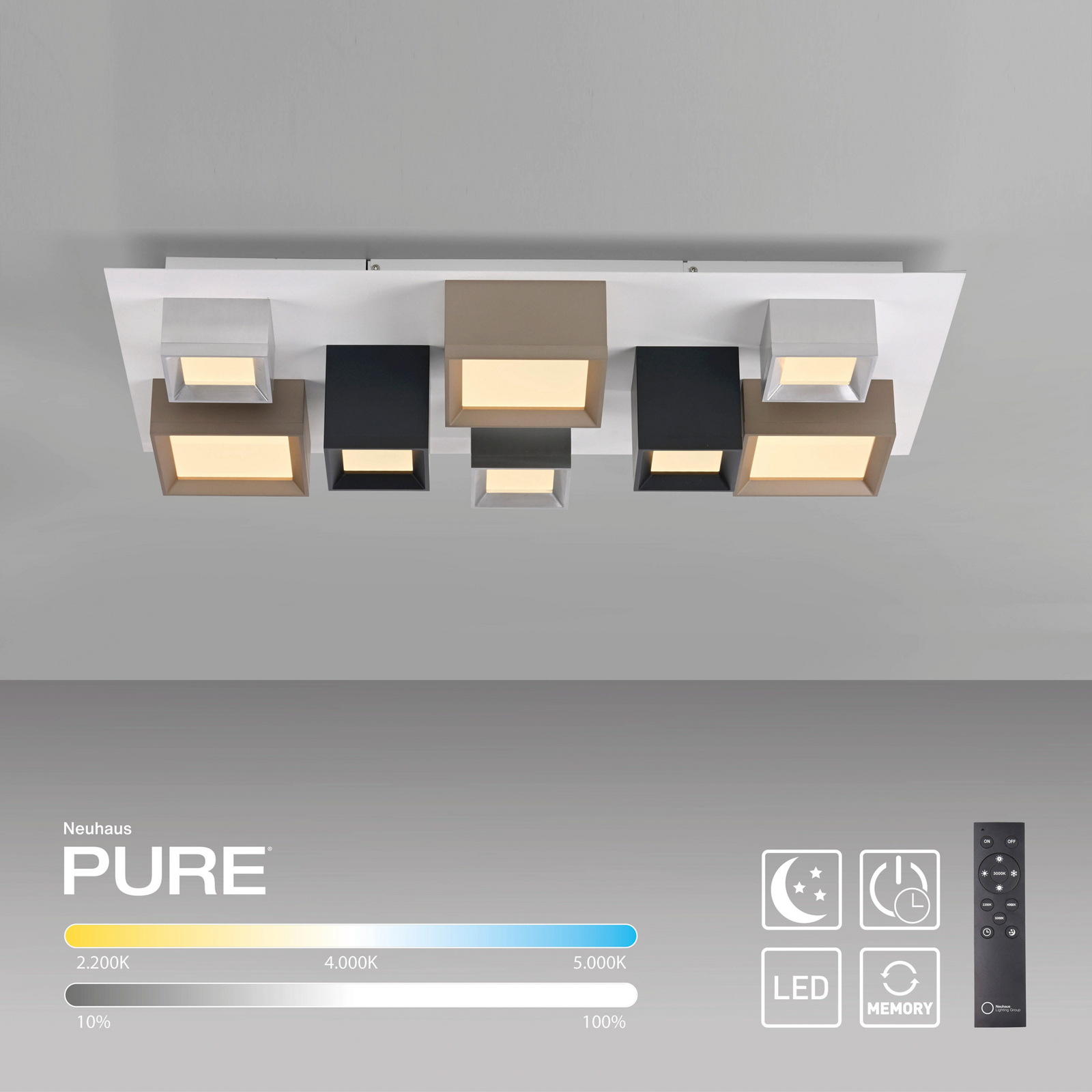 LED-stropna svetilka PURE Manhatten, večbarvna, 8-žarilna, CCT