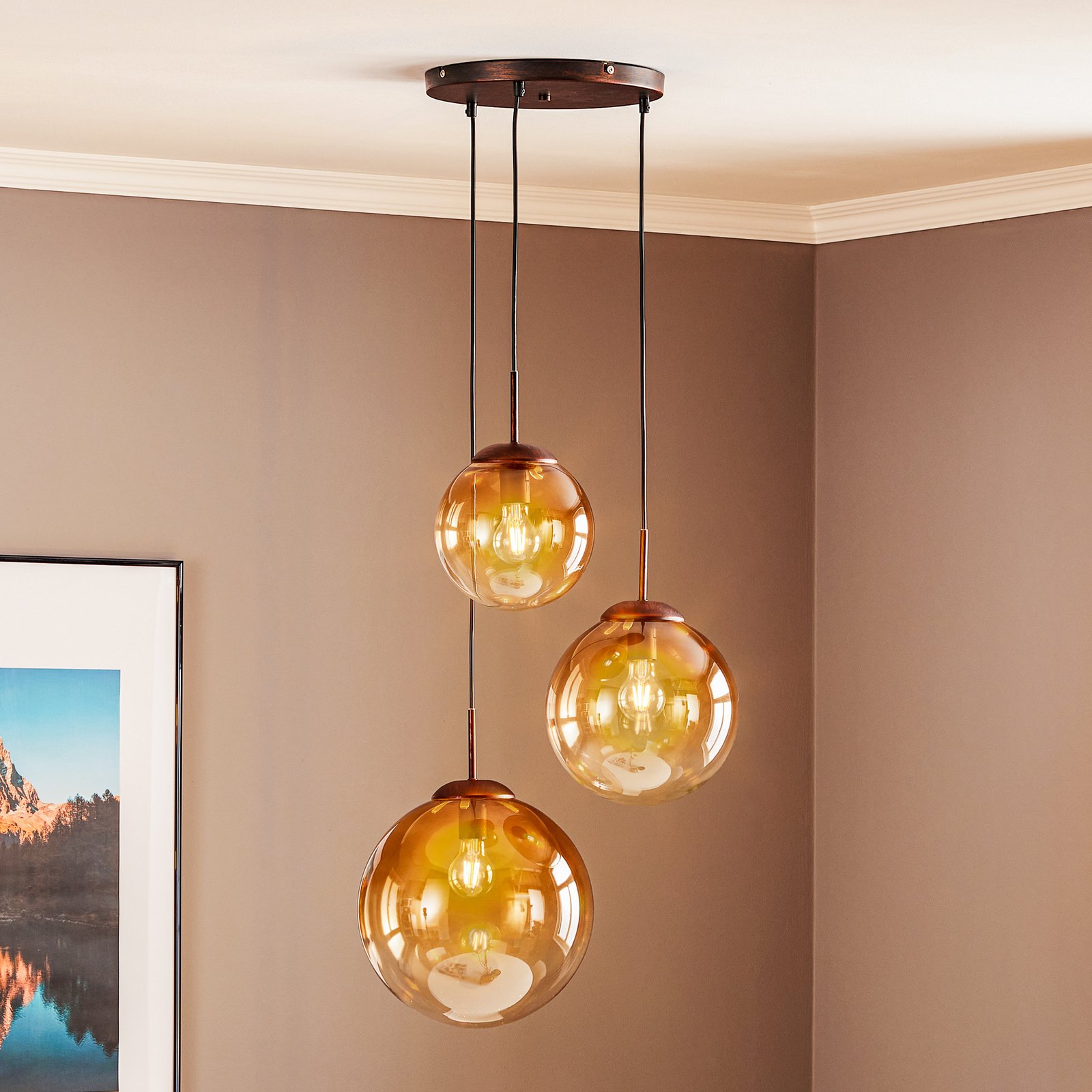 Varus glass hanging light amber 3-bulb Ø 51 cm