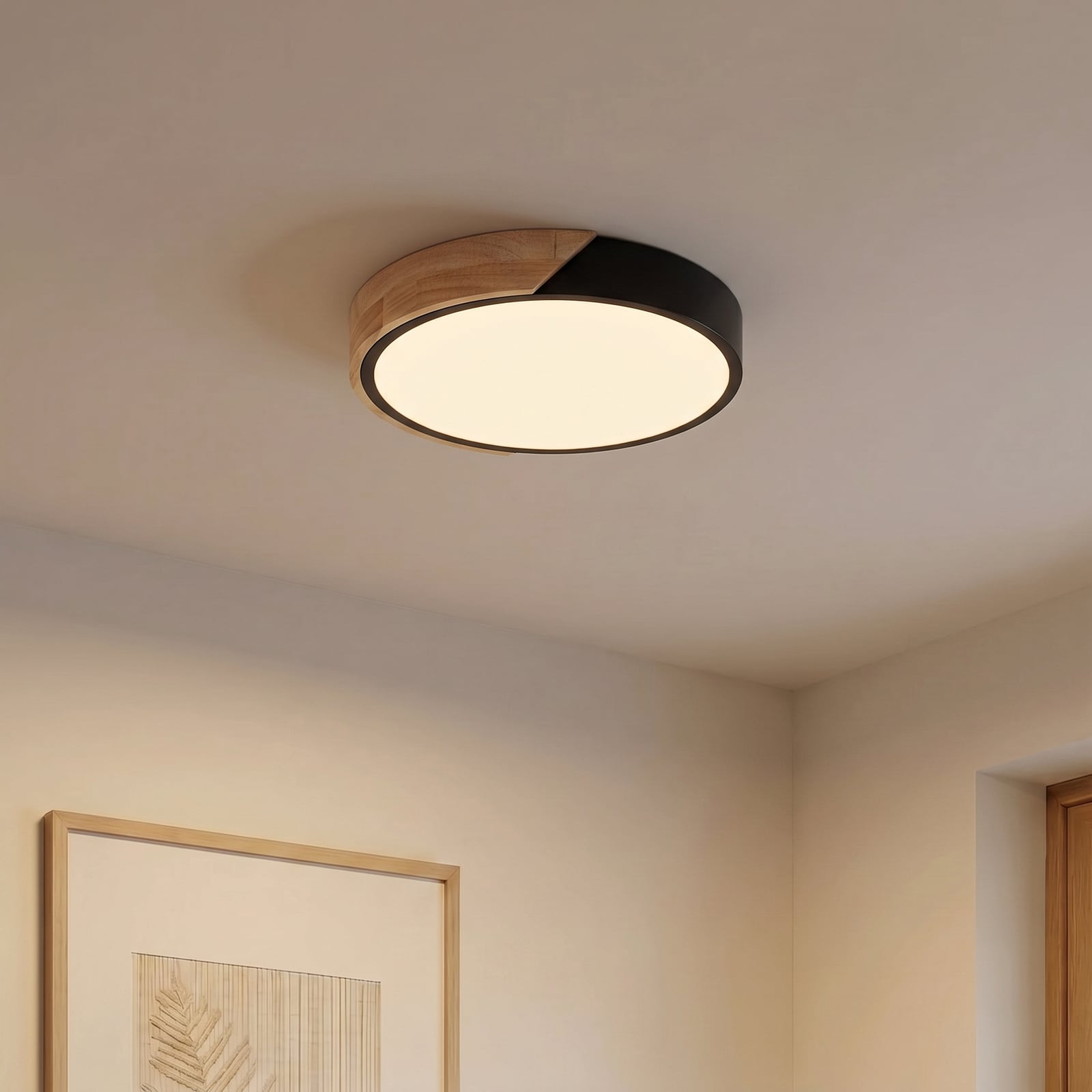 Plafón LED Lynorri de PRIOS, Ø 32 cm, negro, acabado en madera Plafón LED Lynorri de PRIOS, Ø 32 cm, negro, acabado en madera