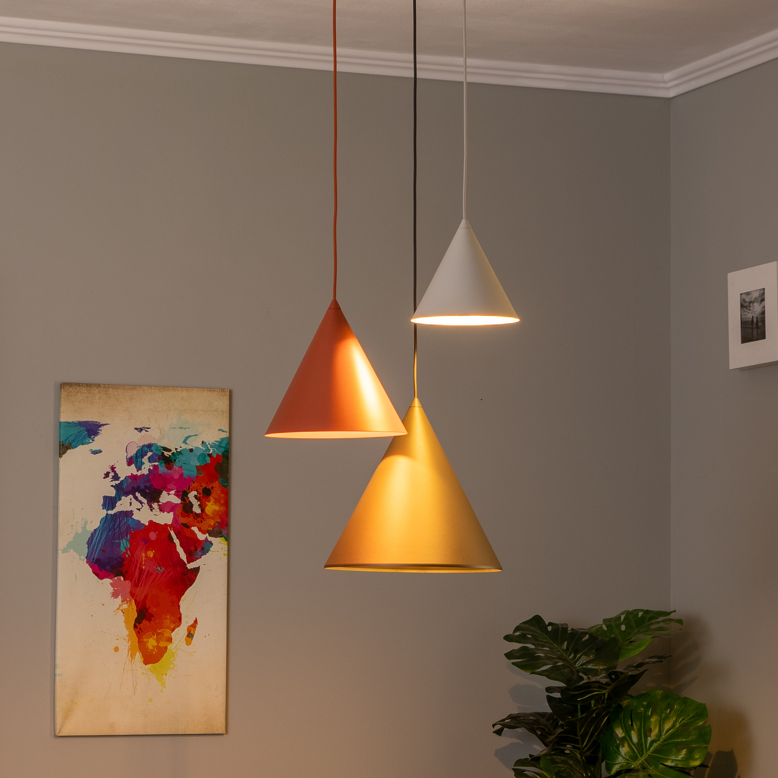 Pendant light Cono, 3-bulb, round, colourful, mixed sizes