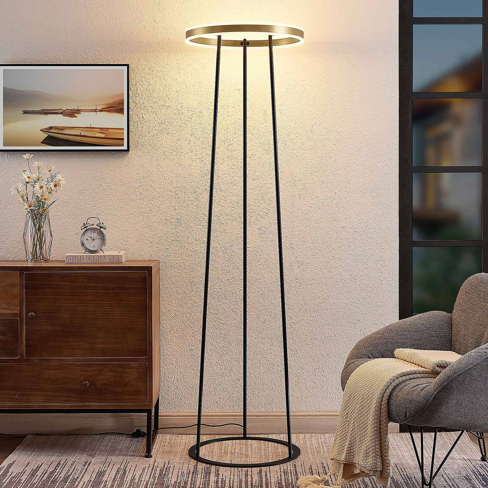 Lucande Seppe lampa stojąca LED Ø 50 cm mosiądz