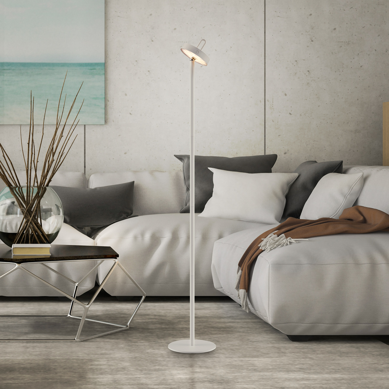 JUST LIGHT. Amag rechargeable LED floor lamp, grey-beige iron IP44