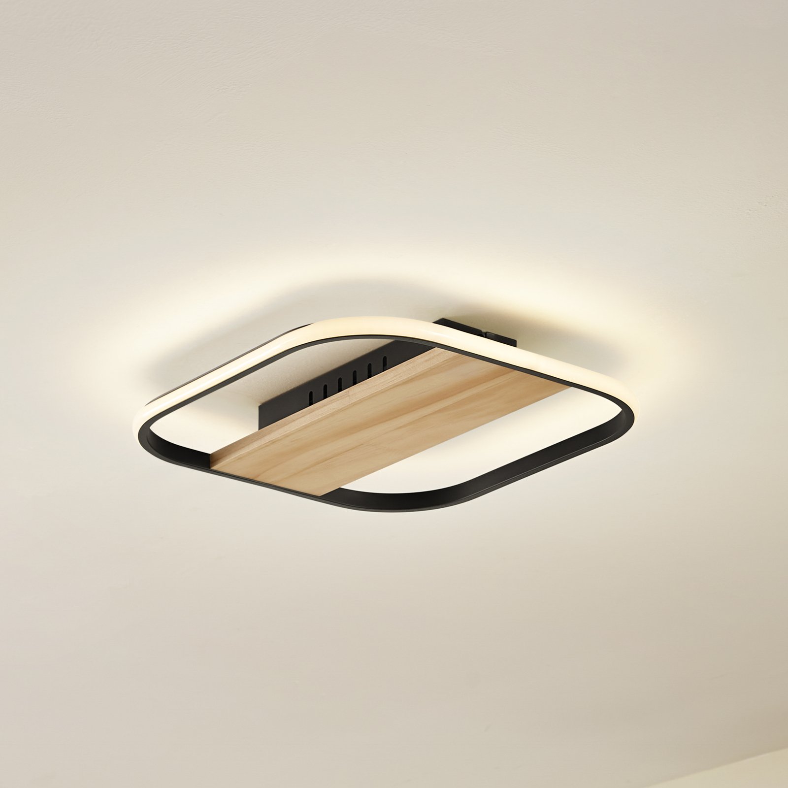 Lindby LED ceiling light Romilda, grey, wood, 37 cm wide