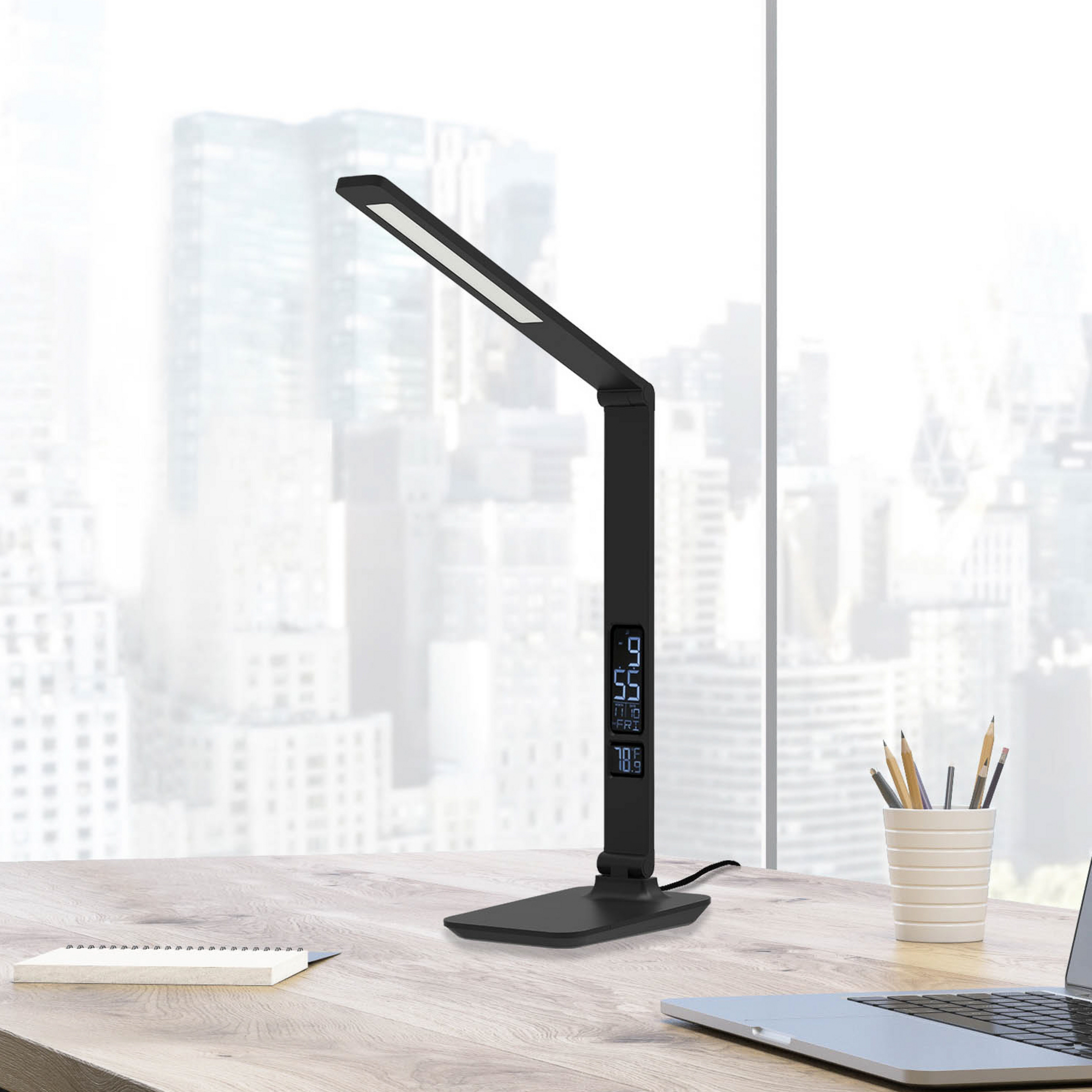Aluminor Sandra lámpara de mesa LED, reloj, negro
