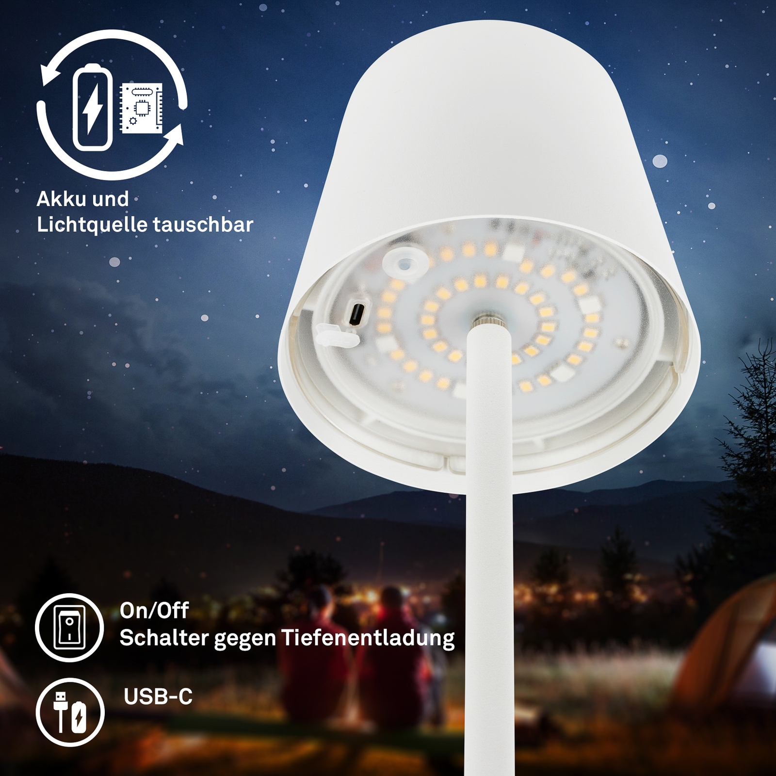 Podna lampa na baterije LED Coloris, bijela, RGB, dimmer, IP44, USB