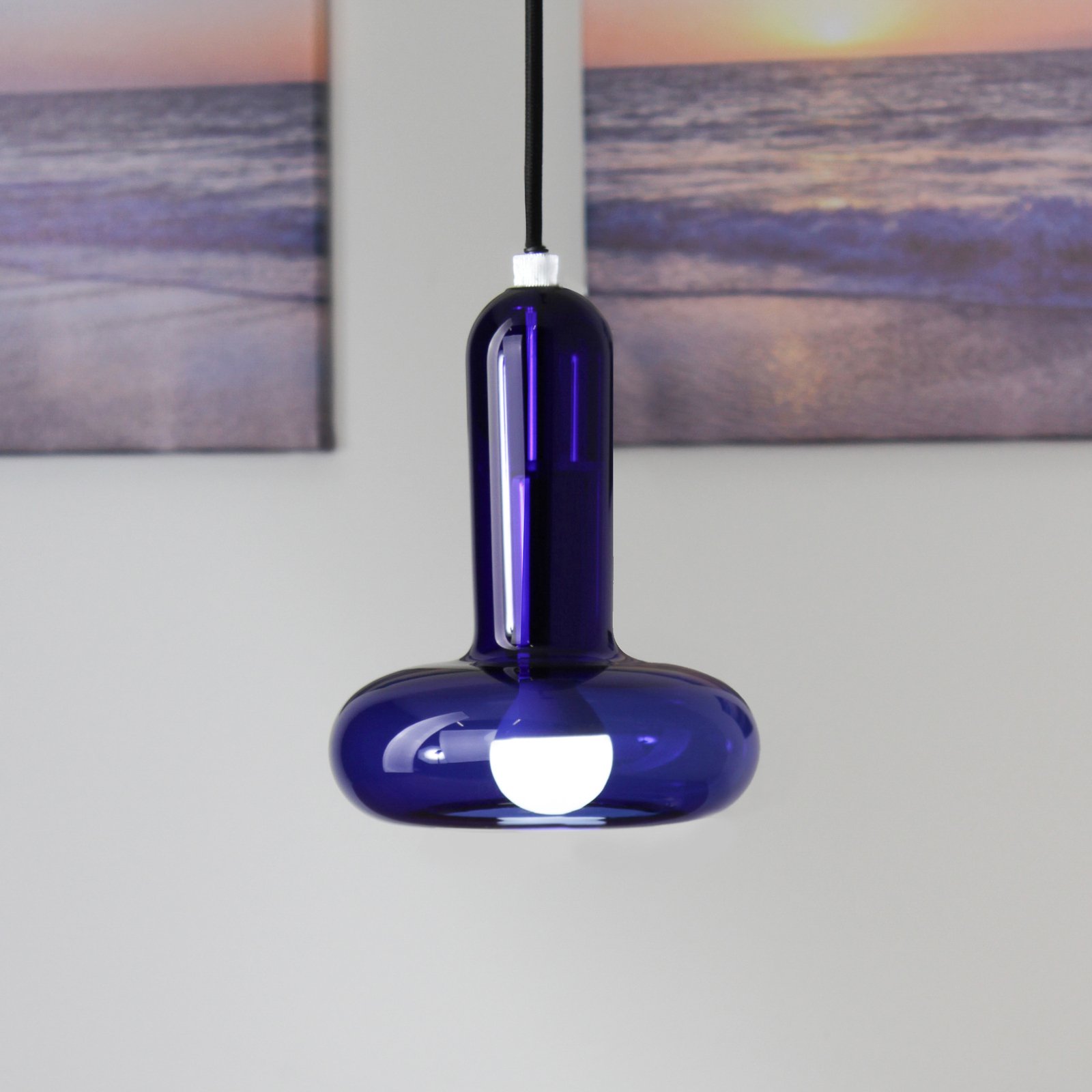 Závesné svetlo Perseus, modré, Ø 15 cm, sklo, stmievateľné