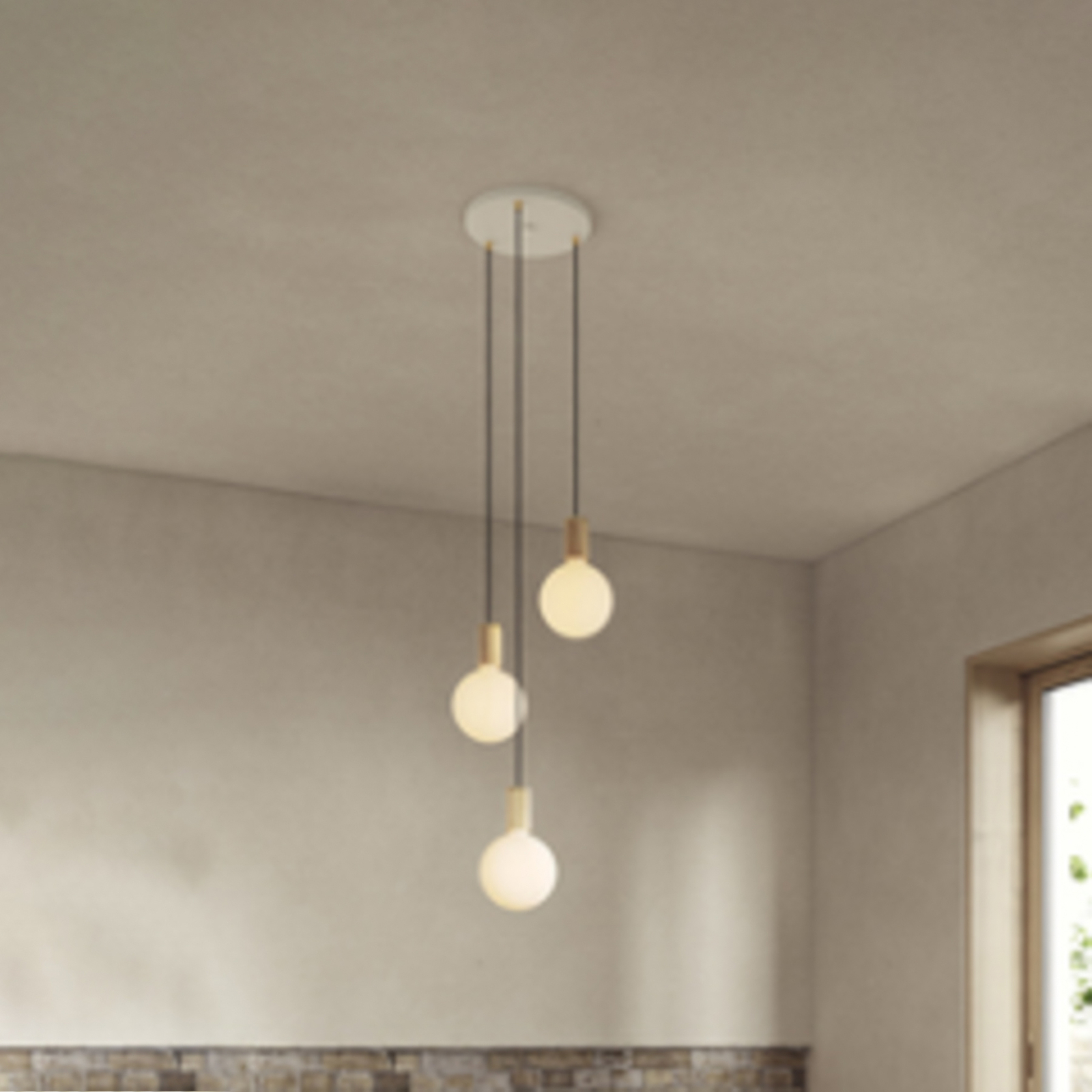 Tala hanglamp Triple Pendel rond, E27 opaal, wit/eikenhout