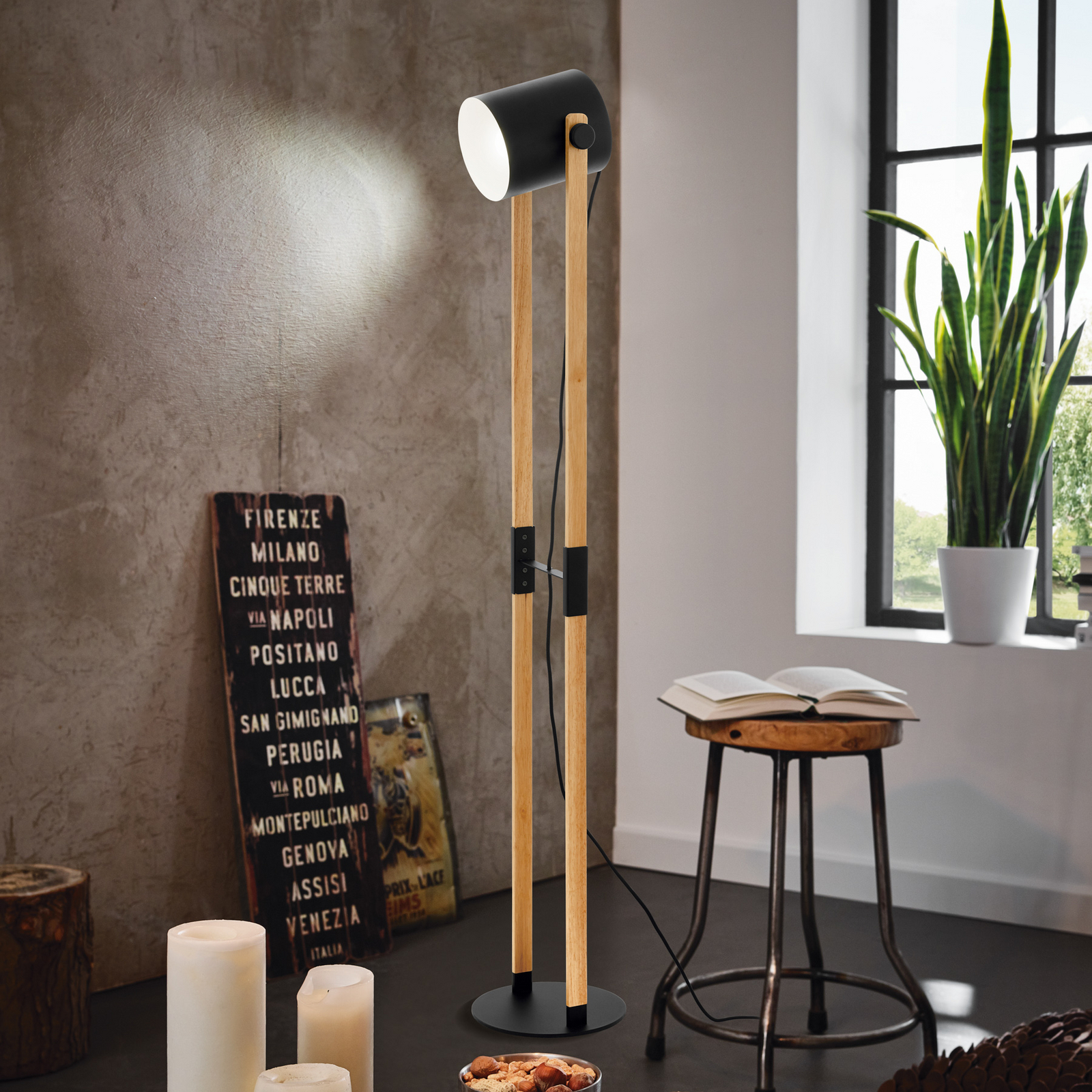 Подова лампа Hornwood, височина 140 cm, черно/кафяво, стомана