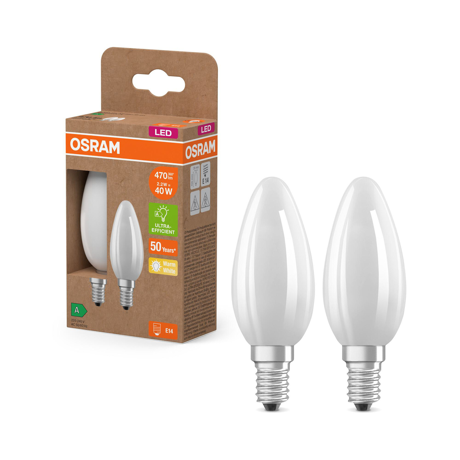 OSRAM LED candela opaca E14 2,2W 2700K 470lm confezione da 2 pezzi