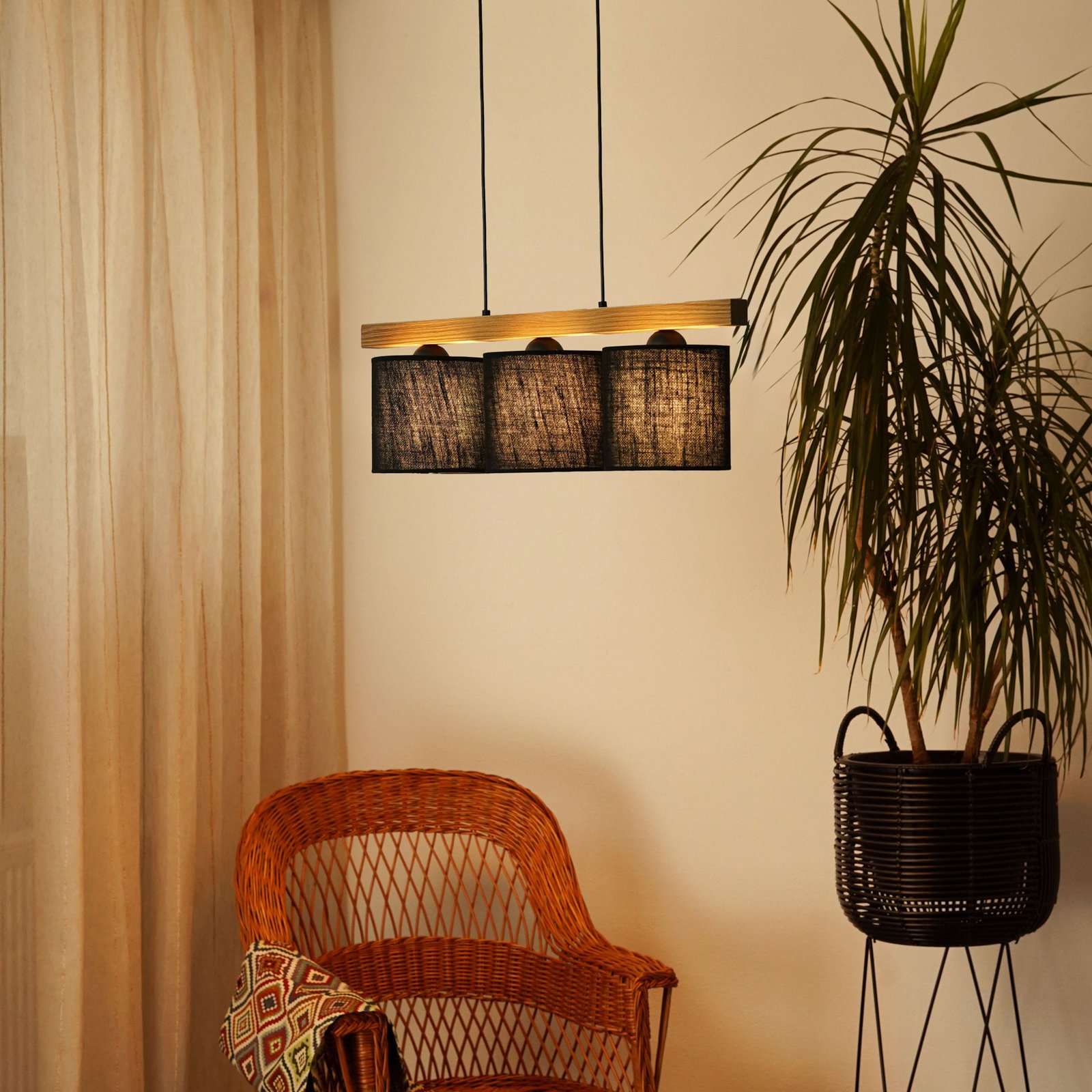 Forest hanging light, light wood/black, black jute, 3-bulb