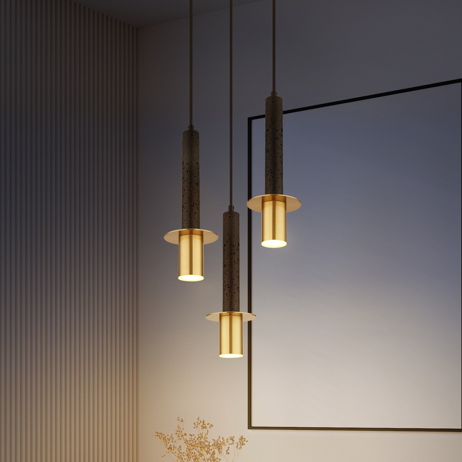 Lampada a sospensione Shanna Ø 33 cm, nero/ottone, pietra, a 3 luci