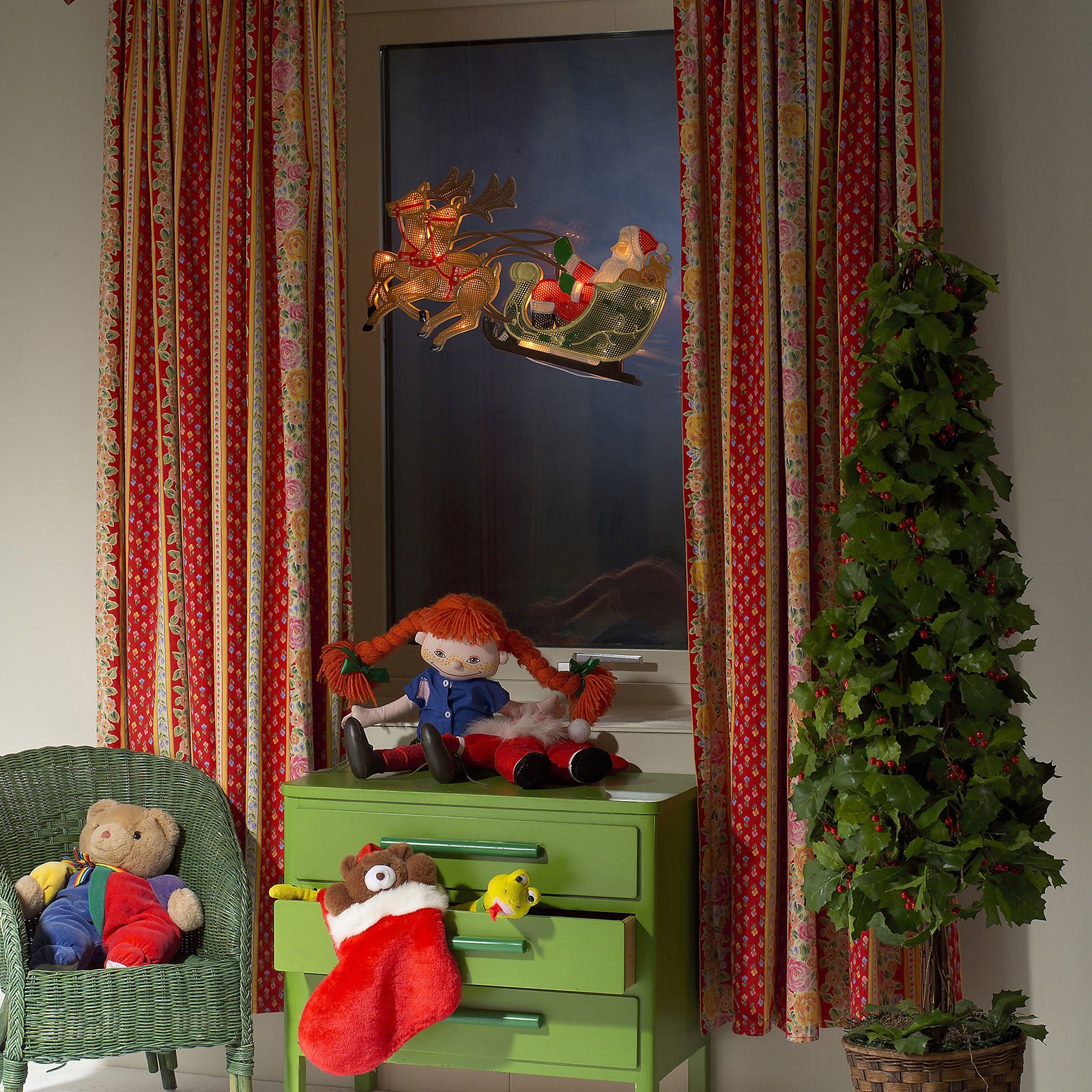 Rentier mit Weihnachtsmann - LED-Fensterbild