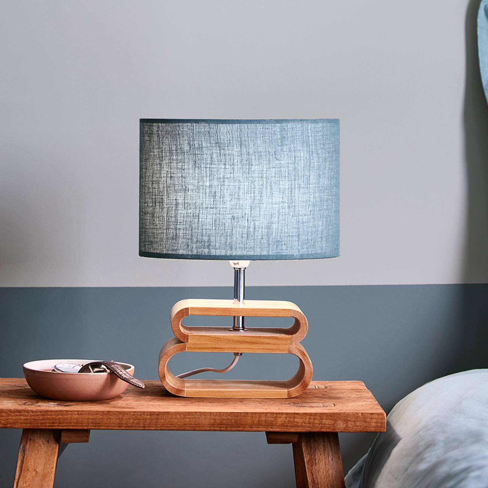 COREP Lampe à poser Oslo, bleu pétrole/bois clair, hauteur 30 cm, lin/bois