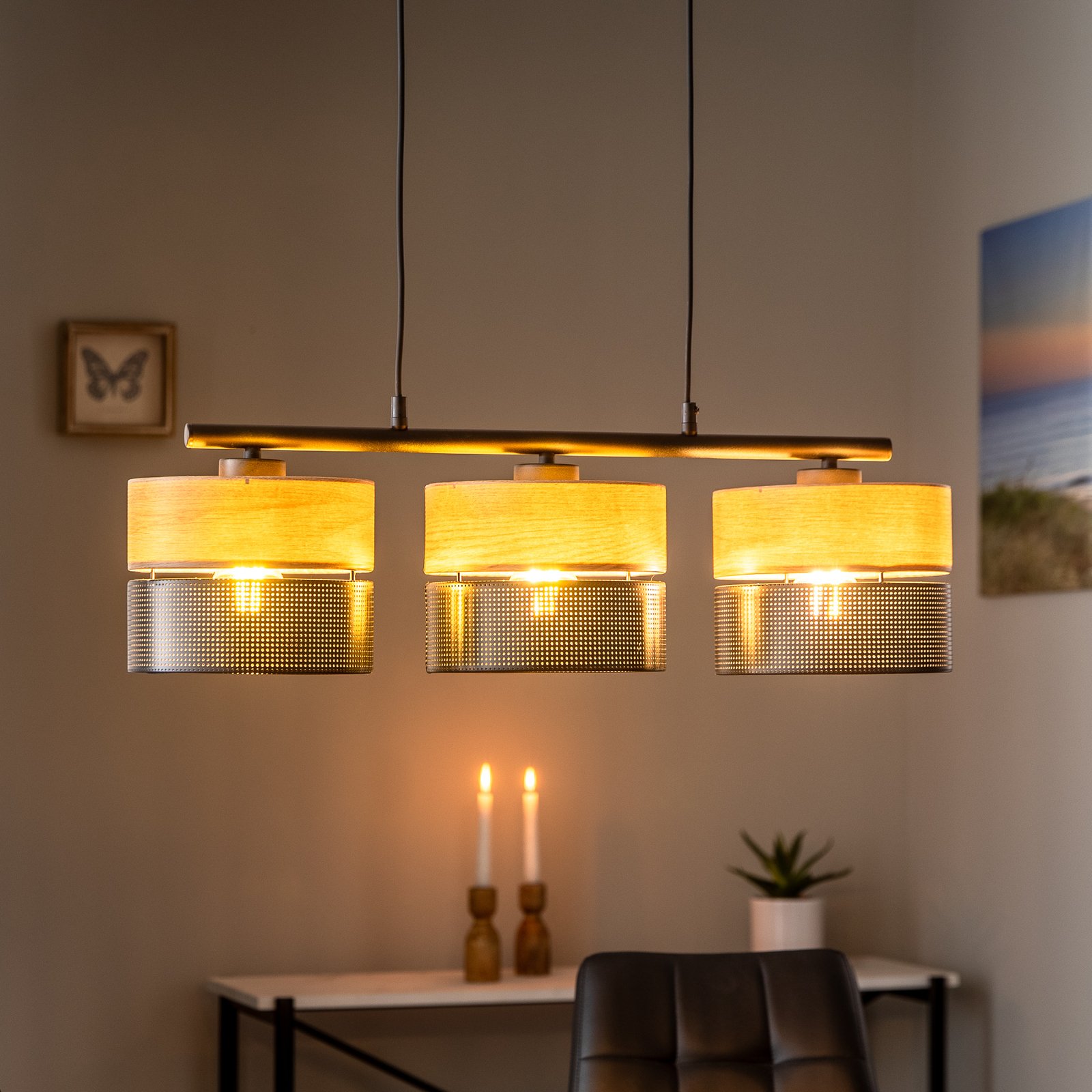 Lampada a sospensione Nicol, nero/effetto legno, 70x20 cm a 3 luci 3 x E27