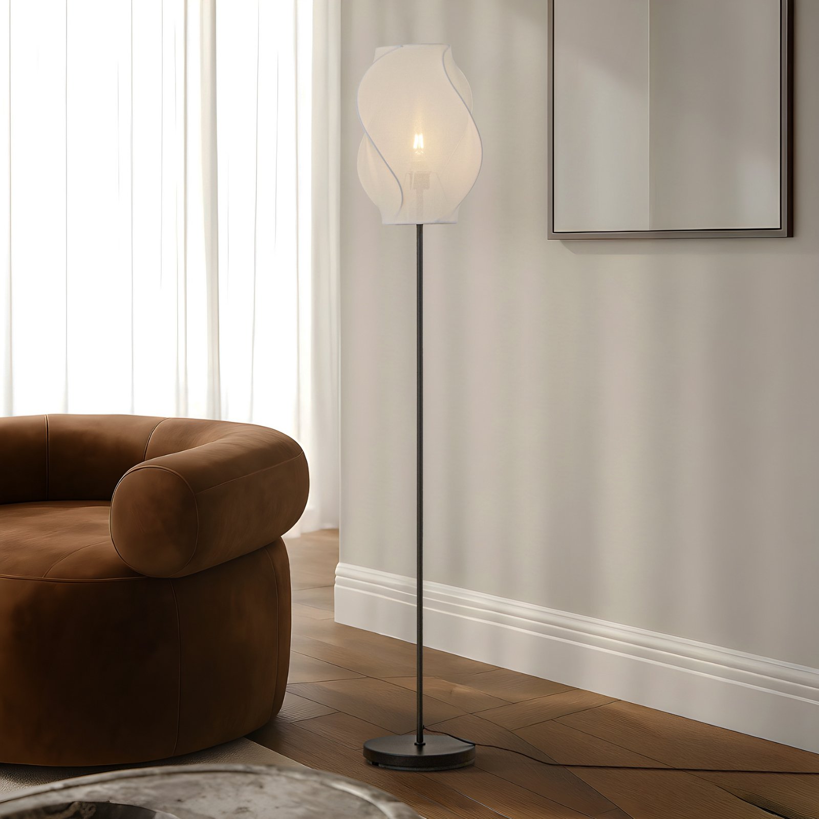 Lucande podna lampa Tovina, tekstil, bijela, visina 165 cm