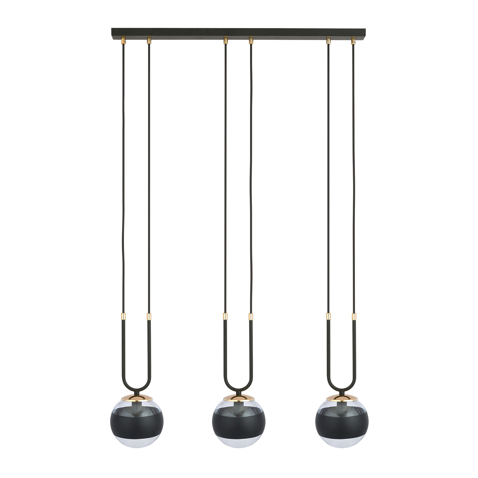 Linear pendant light, black/clear, three-bulb