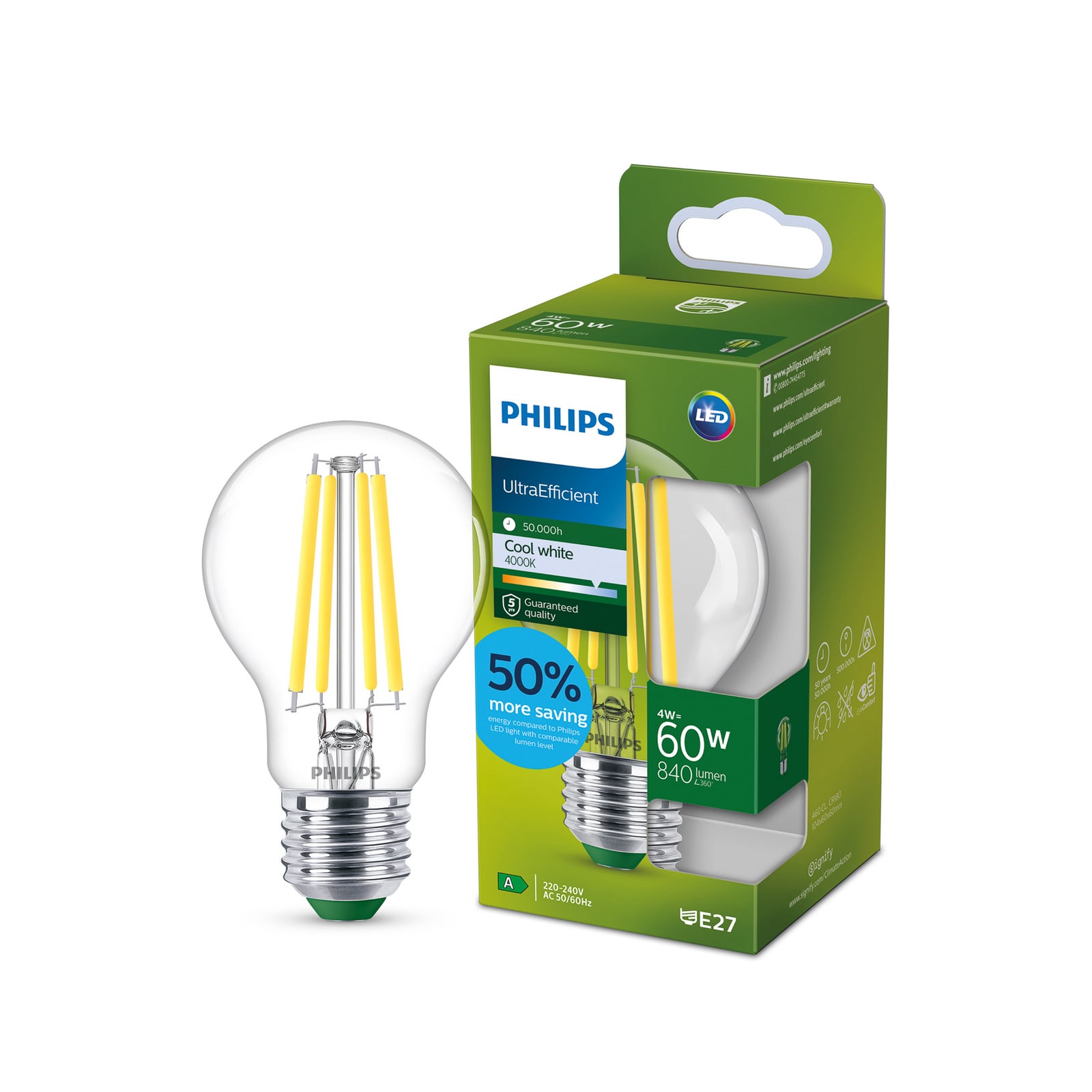 Philipsova sijalka LED E27 A60 4W 840lm 4.000K prozorna