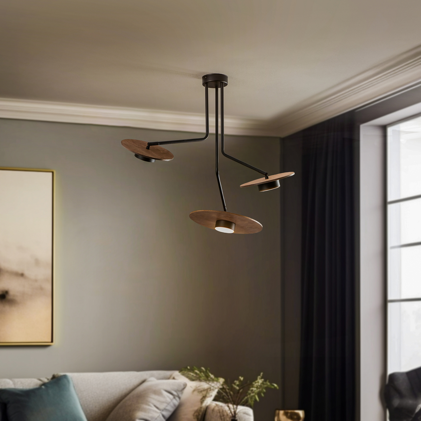 Disk plafondlamp met houten elementen, 3-lamps