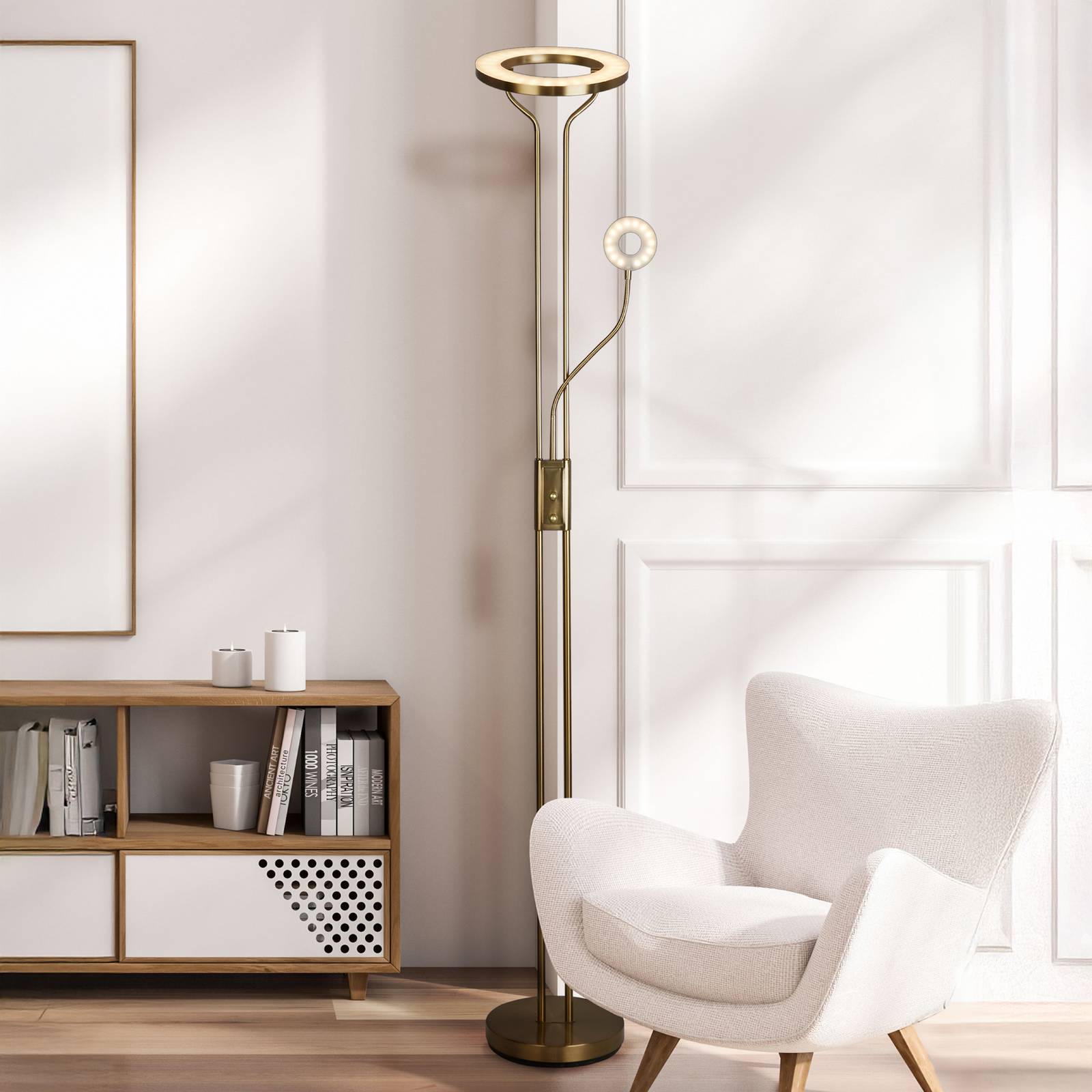 Searchlight Lampadaire LED « Mother &amp; Child », laiton satiné, lampe de lecture