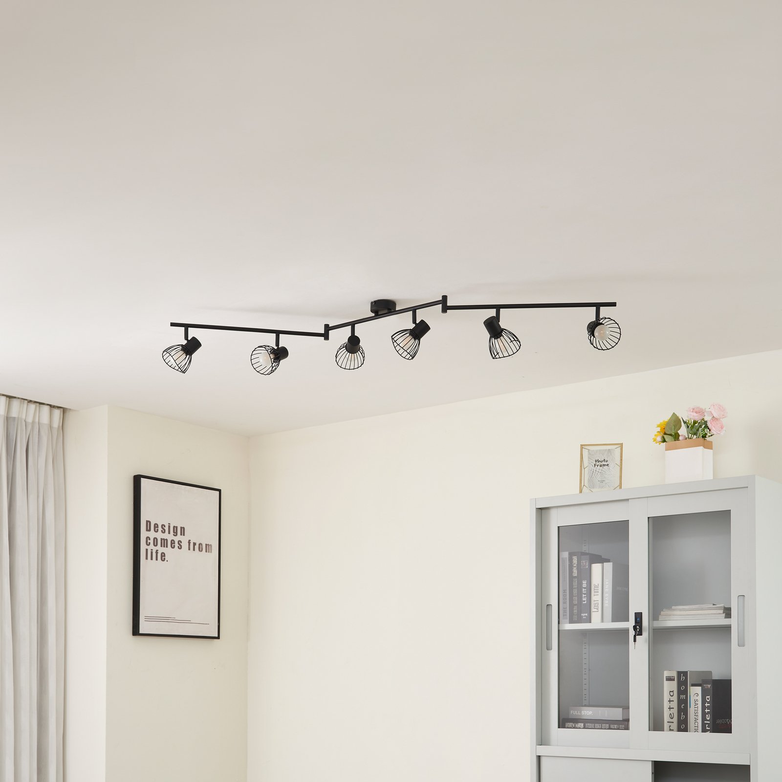 Lindby plafonnier Piena, noir, 6 lampes, métal, 150cm