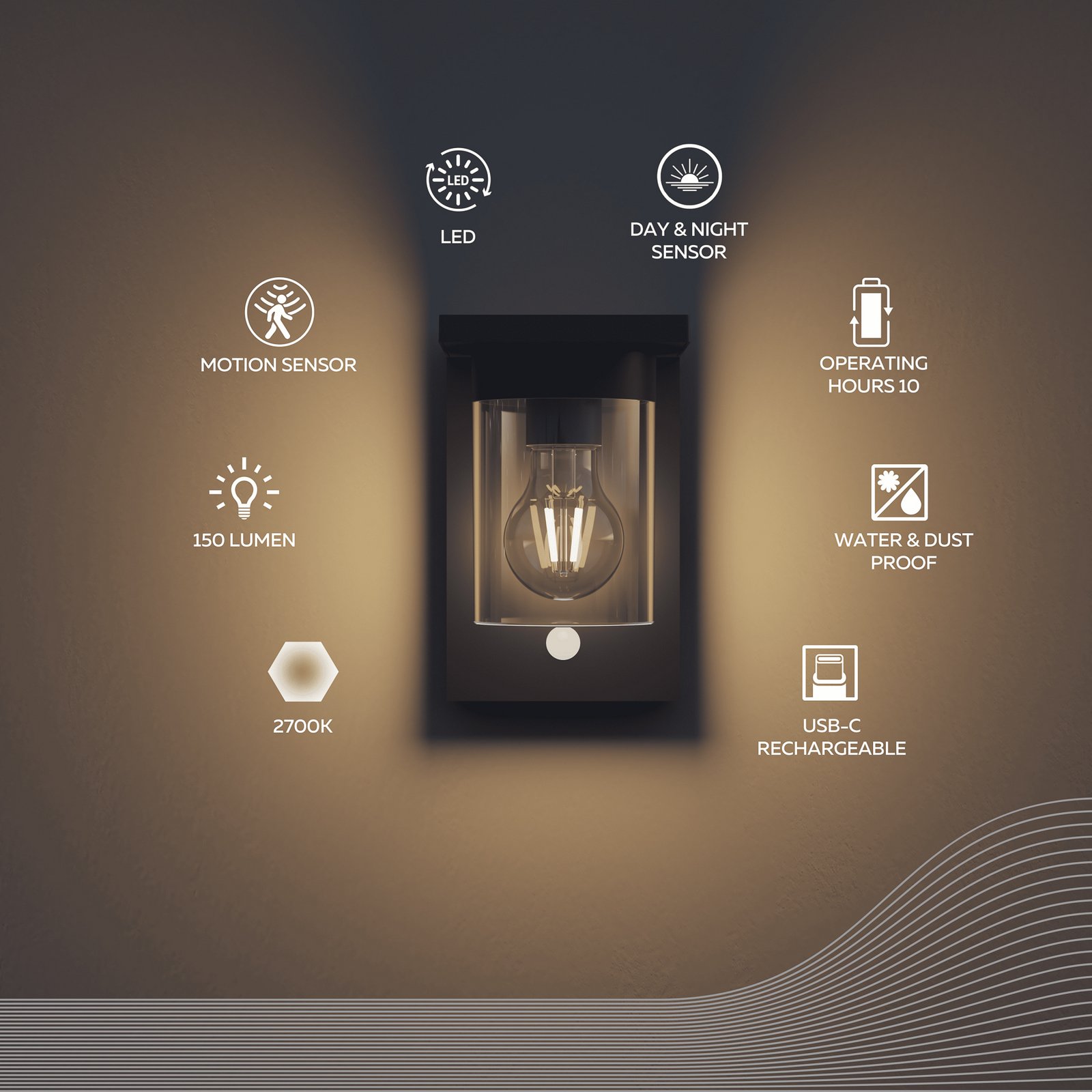 Calex Asti solar LED outdoor wall light, sensor, IP44, black