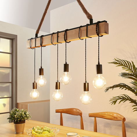 Linear pendant light Cintia with wood, 6-bulb