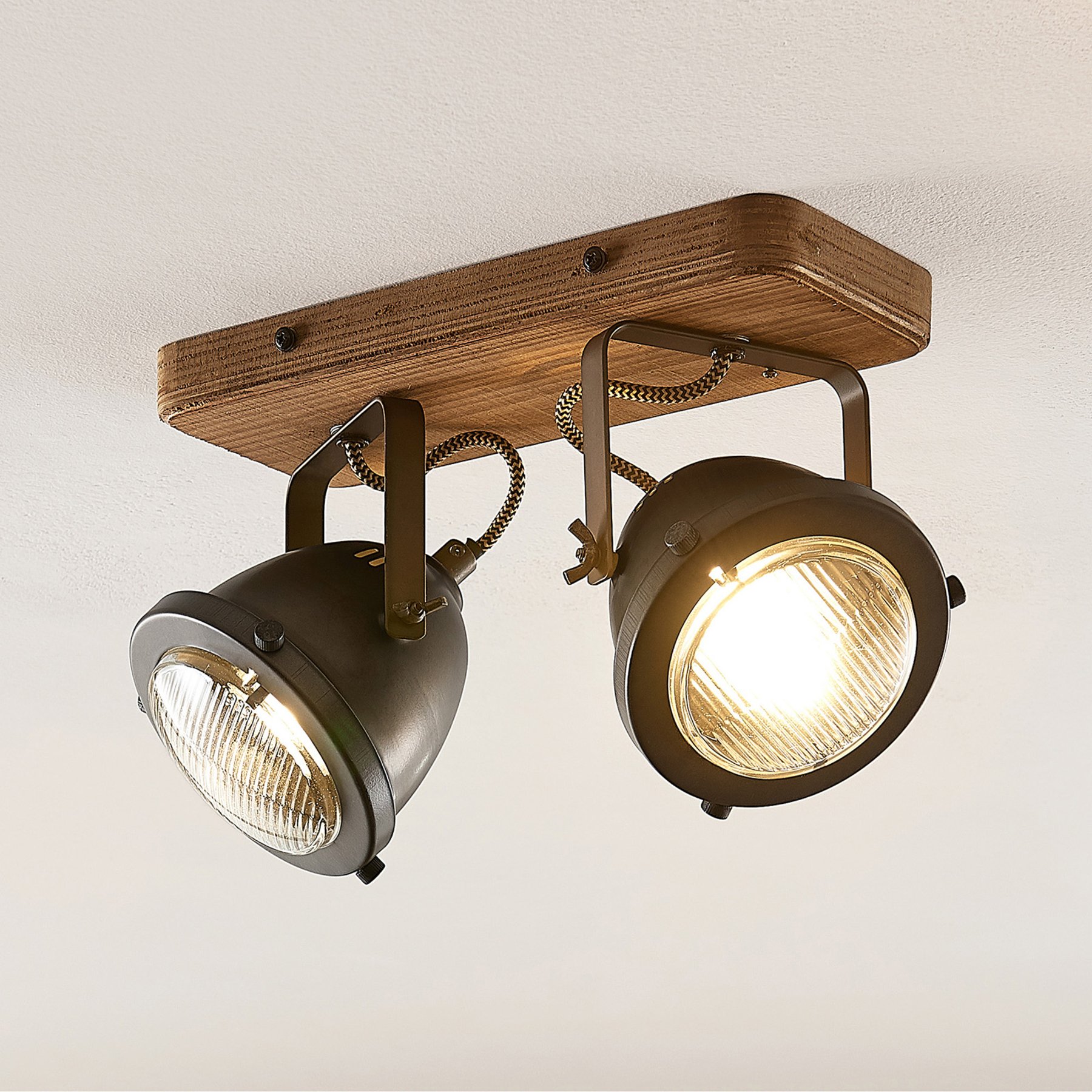 Lindby Shila headlamp ceiling light, two-bulb, for Living / Dining Room, metal, glass, plywood, GU10, 25 W, energy efficiency: A++, L: 27 cm, W: 11 cm, H: 17.5 cm
