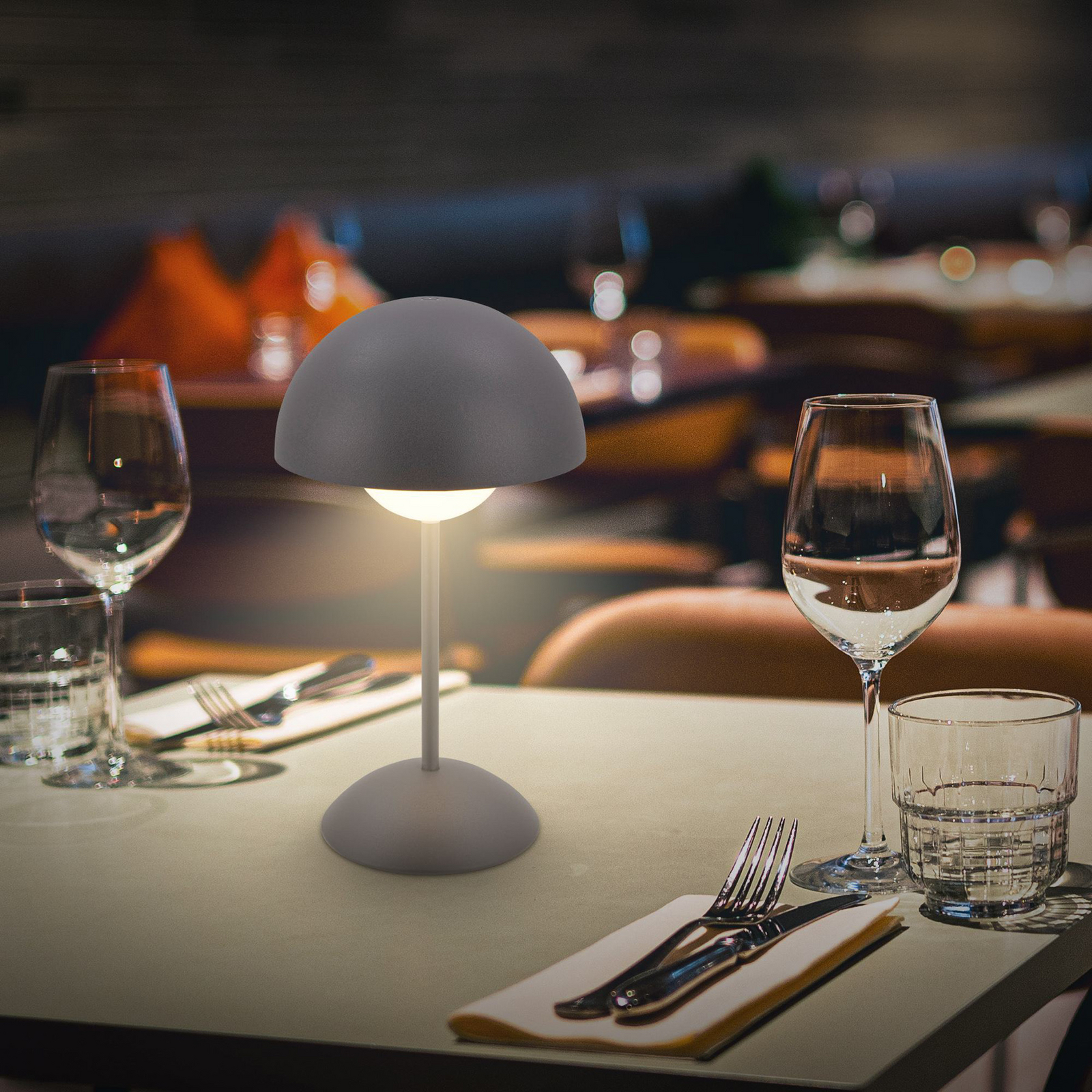 LED rechargeable table lamp Kugle, anthracite, metal, IP44, dimmable.