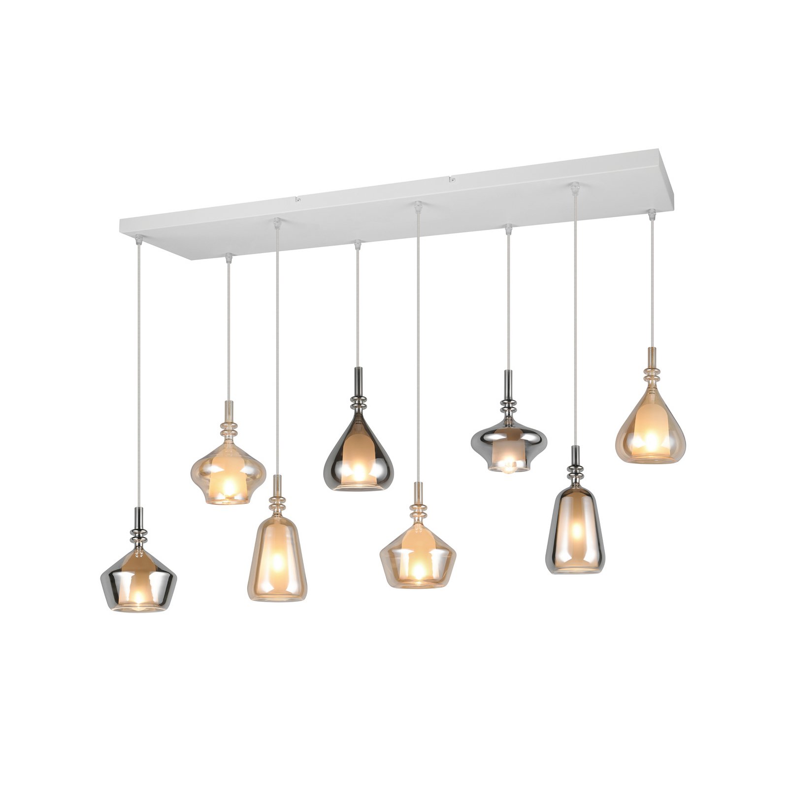 Pakabinama lempa Aldea, ilgis 115 cm, balta/gintaro spalvos/chromo stiklas, 8 Pakabinama lempa Aldea, ilgis 115 cm, balta/gintaro spalvos/chromo stiklas, 8