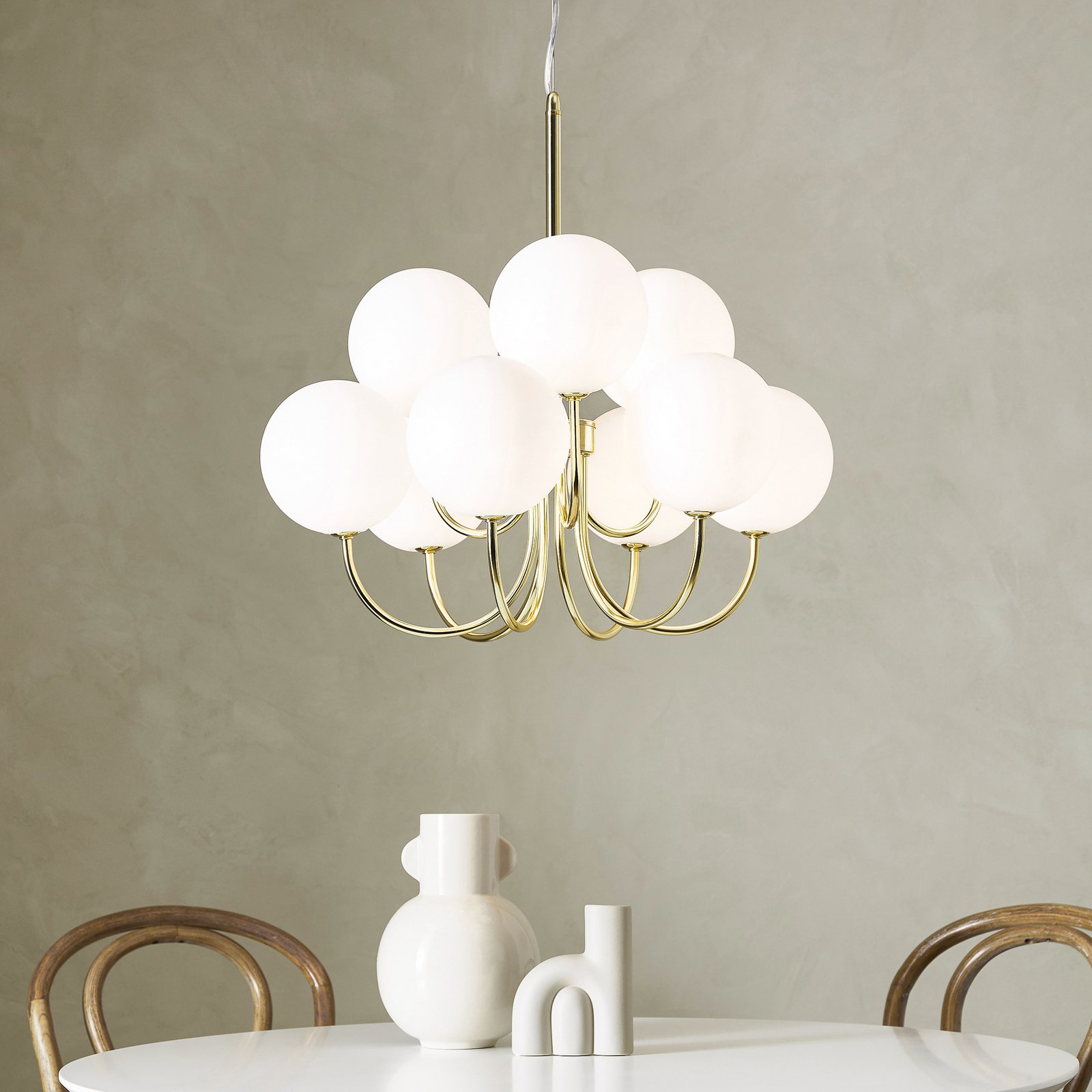 Bianco pendant light, 9-bulb, gold/white, glass, G9