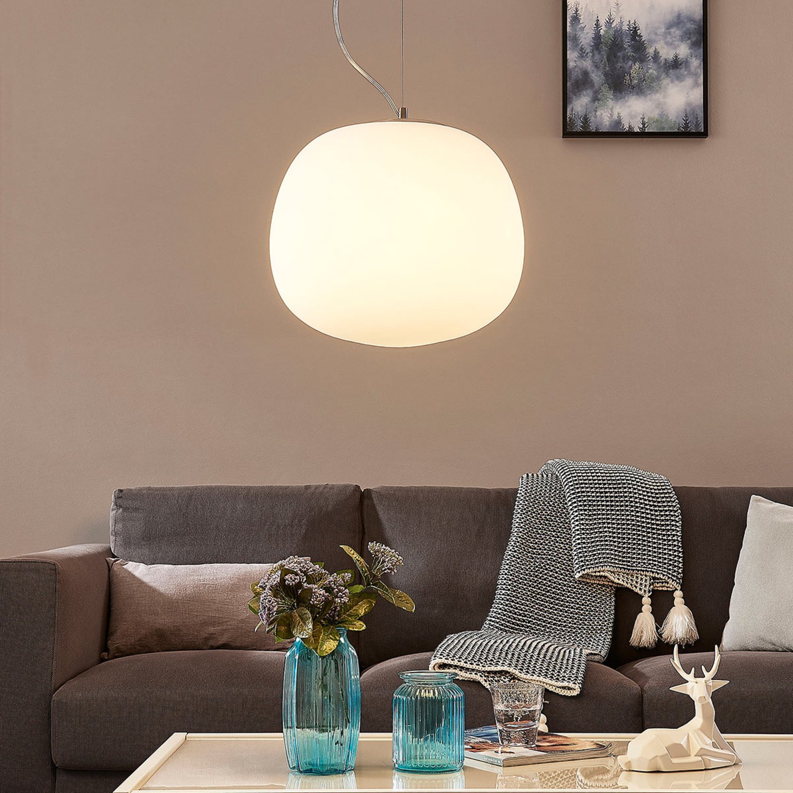 Glazen hanglamp Ginevra, rond, wit, 38 cm