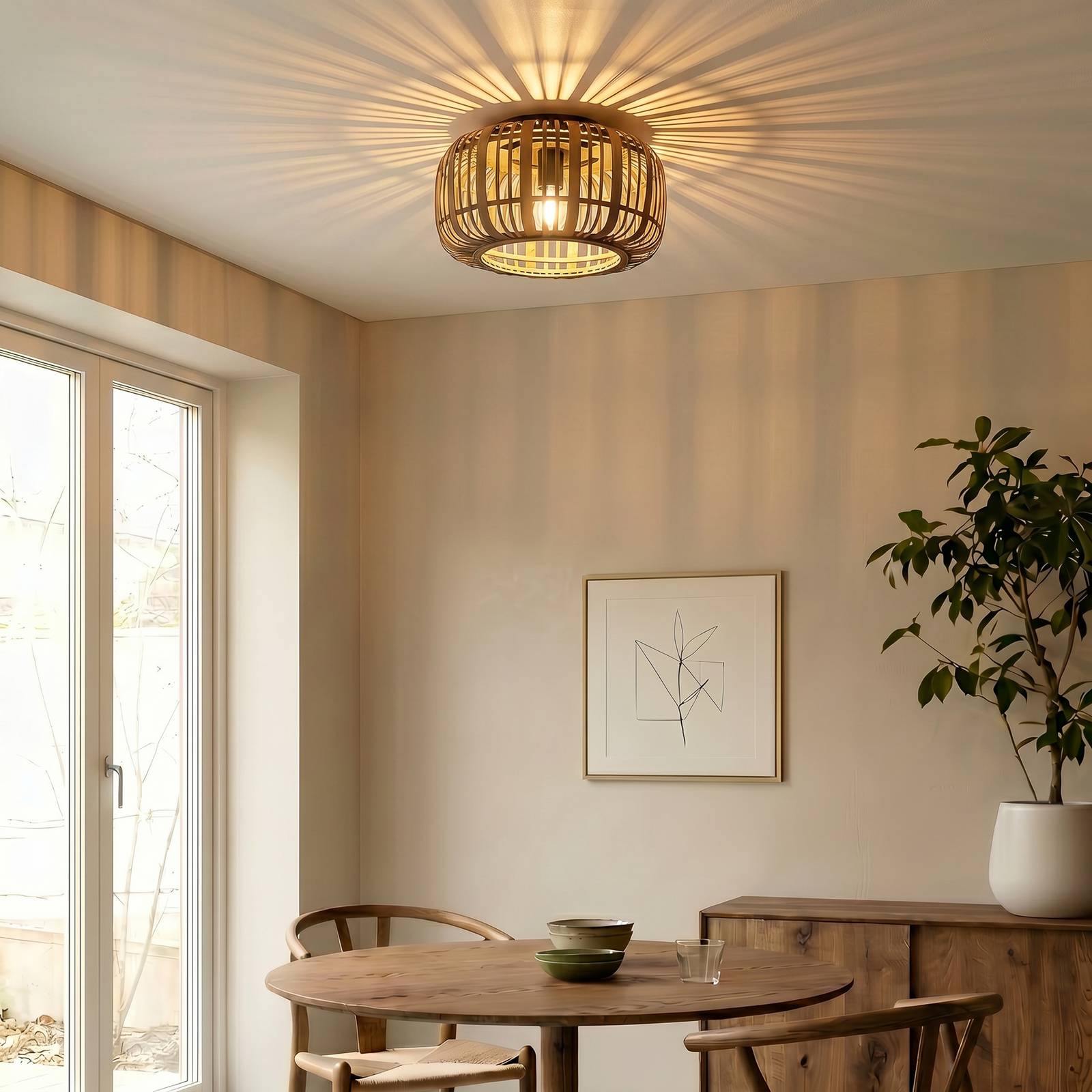 Lindby Canyana plafondlamp, naturel, rotan, Ø 40 cm