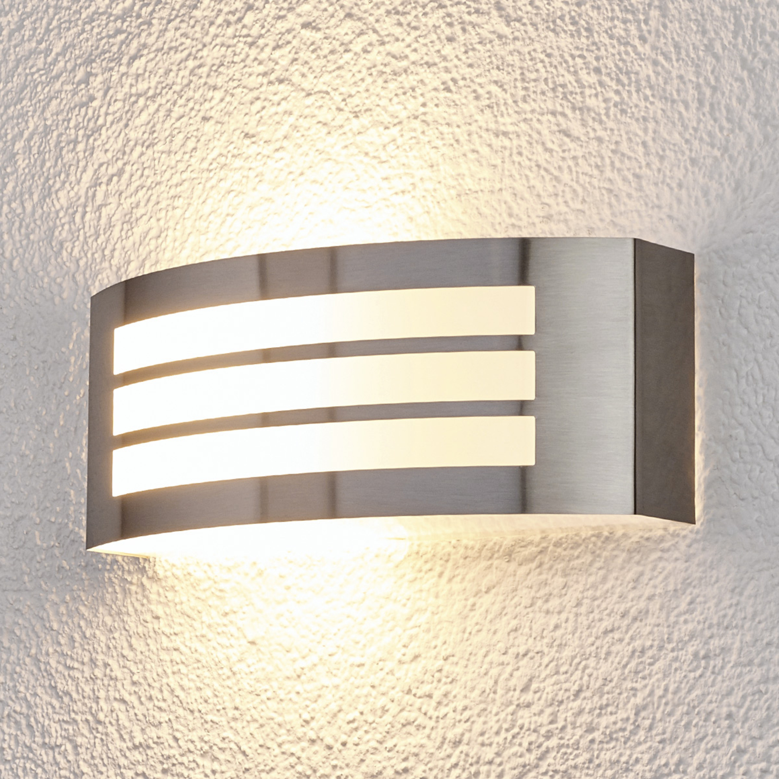 Lindby Stylish outdoor wall light Raja, striped pattern, stainless steel, polycarbonate, E27, 14 W, energy efficiency: A++, W: 25 cm, H: 10 cm
