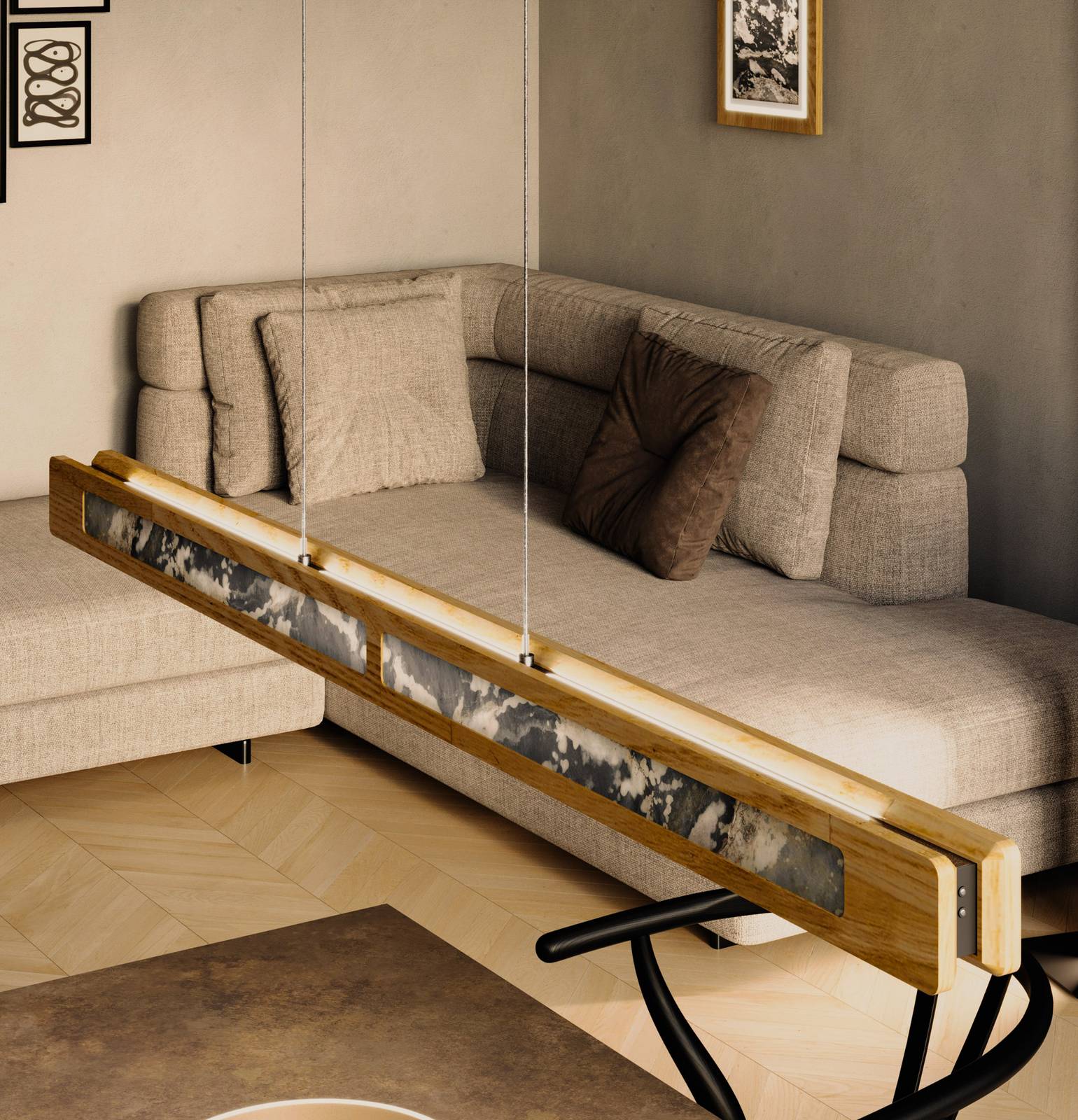 Żyrandol LED Chile S, dąb/kolorowy łupek, długość 114 cm