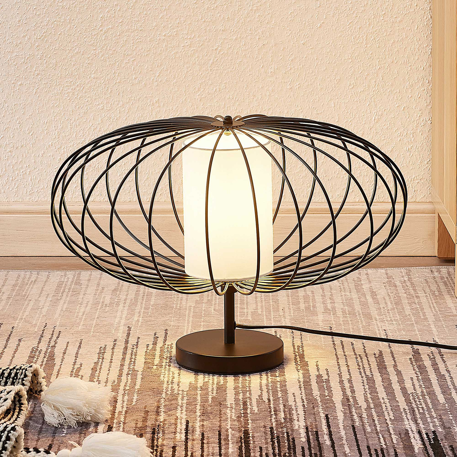 Lindby Korbinian table lamp with cage lampshade, for Living / Dining Room, metal, plastic, E27, 60 W, energy efficiency: A++, H: 36.5 cm