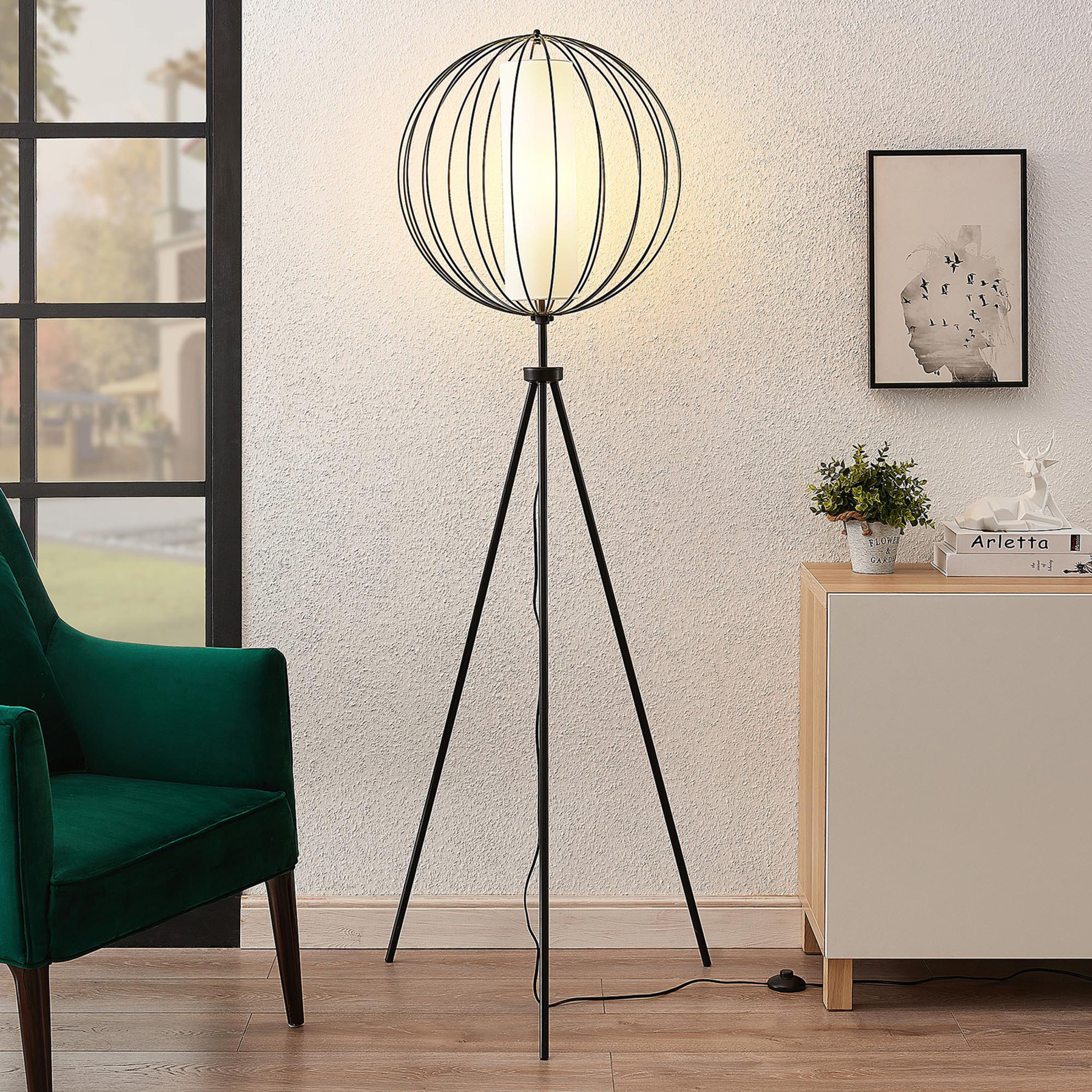 Lindby Koriko tripod floor lamp, cage lampshade, for Living / Dining Room, metal, plastic, E27, 60 W, energy efficiency: A++, H: 170 cm