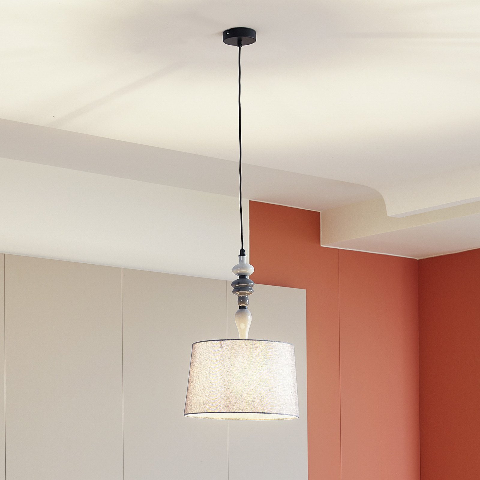 Lampă suspendată Lindby Haldorin gri/negru textil Ø 34 cm - Camera de zi / sufragerie - Casă de țară / Rustic - gri negru - Țesătură / Textil