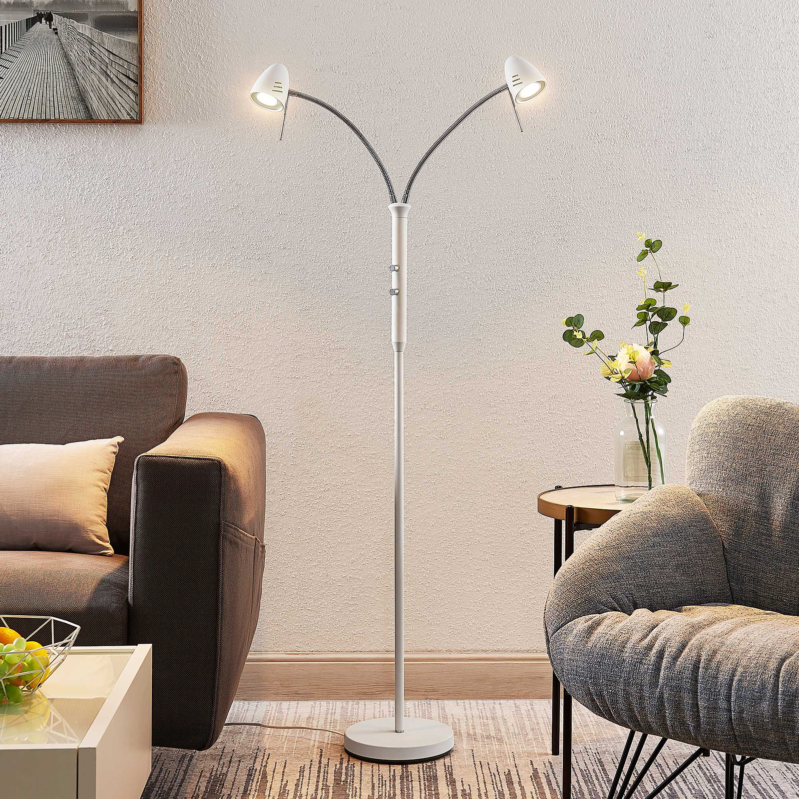 Lindby Heyko LED-gulvlampe, dæmpbar, 2 lyskilder
