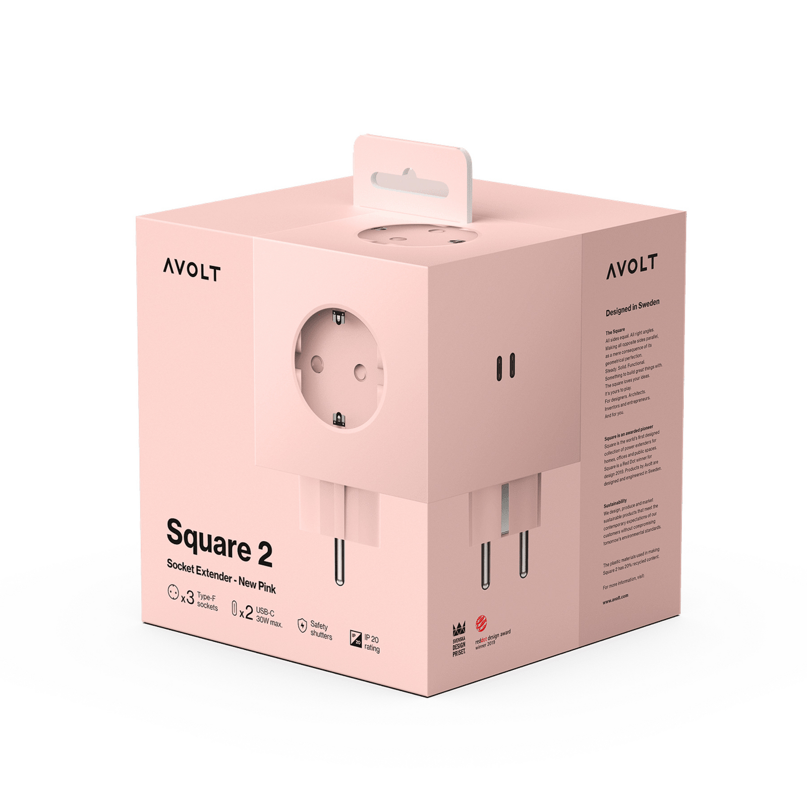 SQUARE 2 Zwischensteckdose, pink, 3x Schuko, 2 x USB - AVOLT
