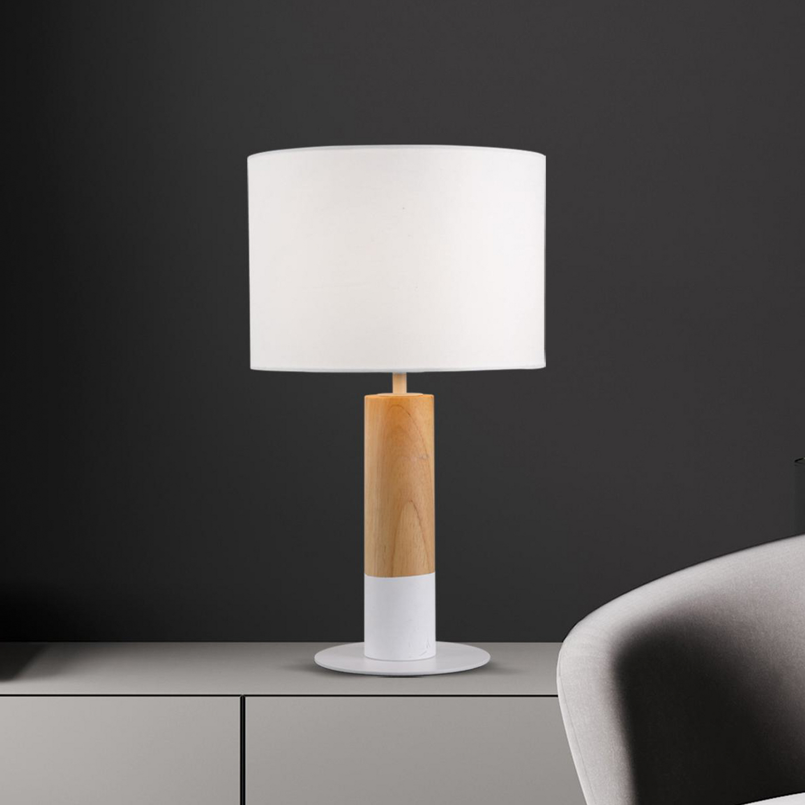 Carroll table lamp, light wood/white, height 43 cm, fabric