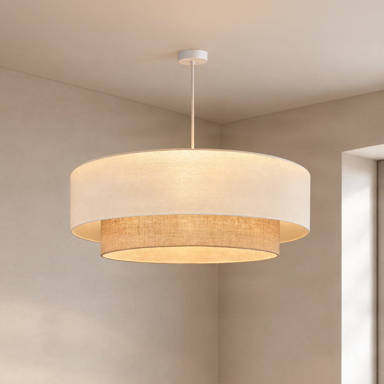 Suspension Boho, beige/jute, Ø 80 cm, tissu, E27