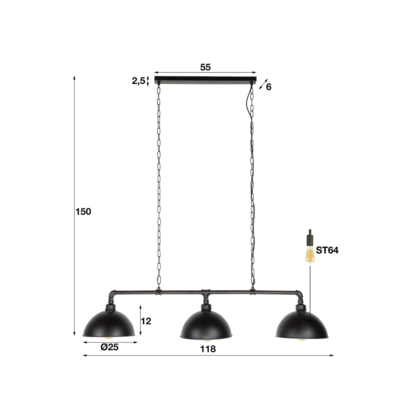Hanglamp Vanderbrock, zwart, 3-lamps