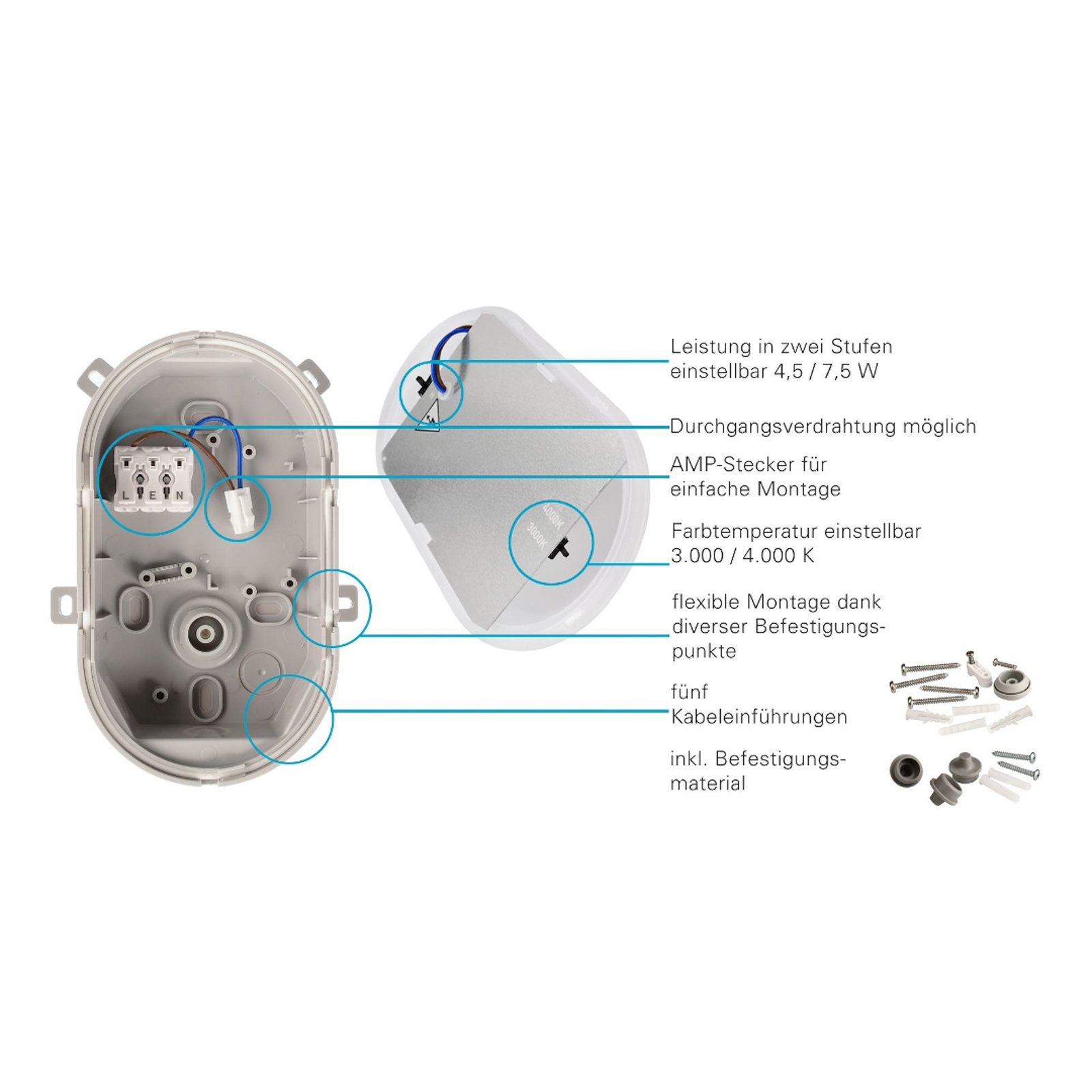 Luminaire pour pièces humides LED Sotano, blanc, interrupteur DIP