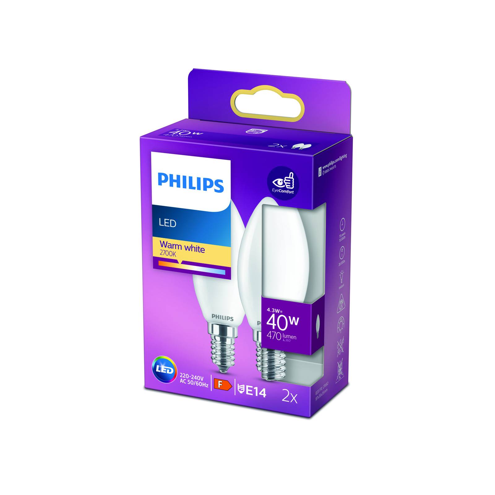 Philips bougie LED B35 E14 4,3 W 2 700 K opale x2