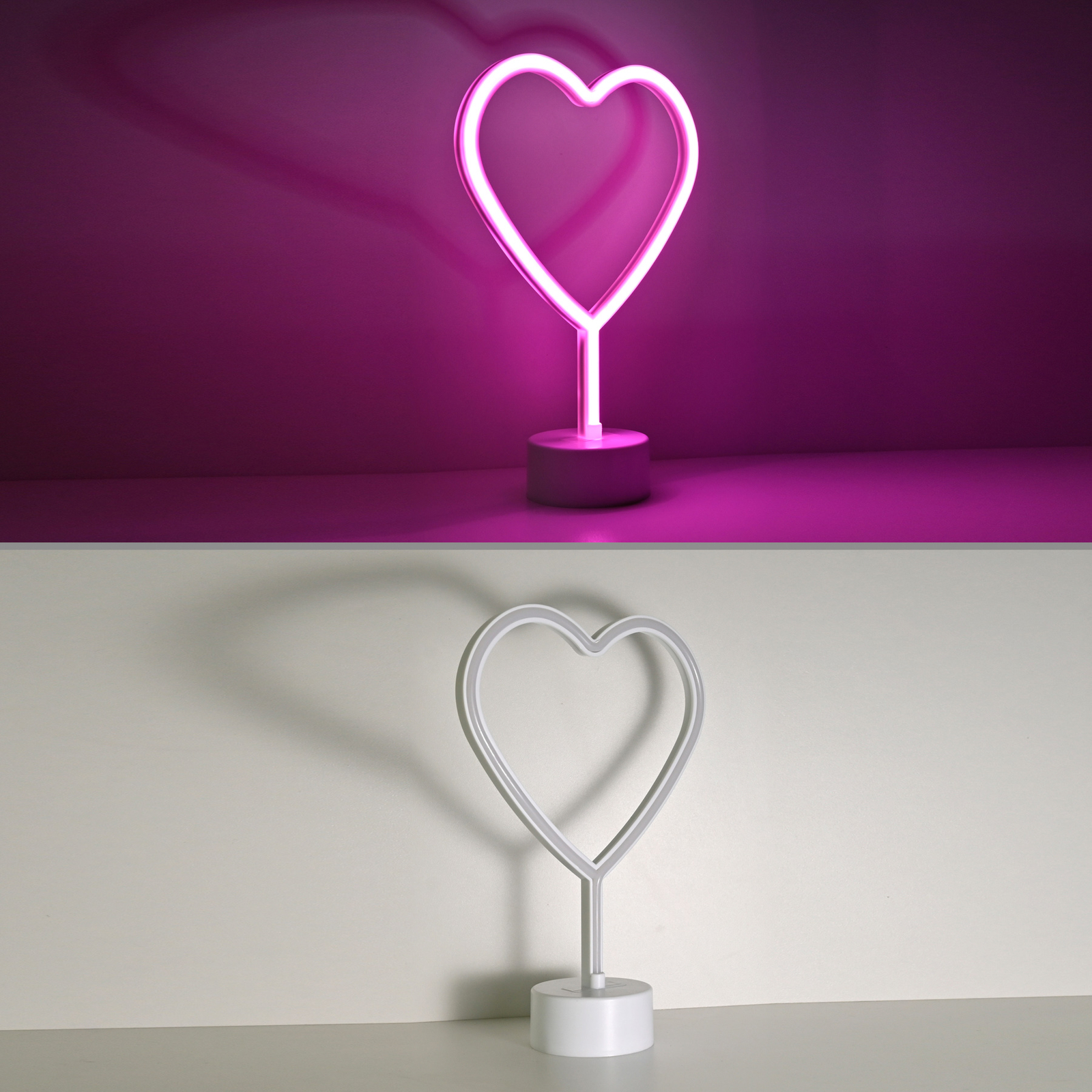 LED настолна лампа неоново сърце, захранвана с батерии
