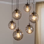 Smoky pendant light, glass lampshades, 6-bulb