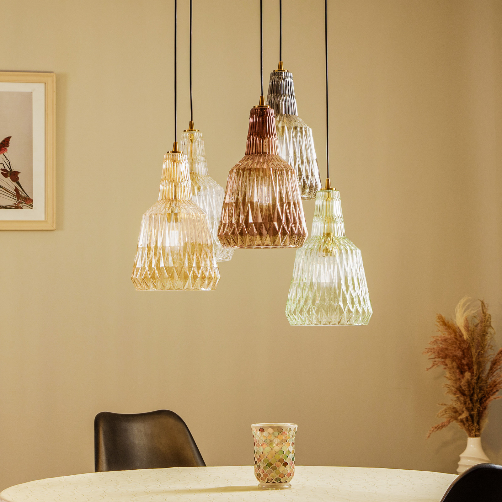 Lampă suspendată Lindby Belarion multicoloră 5 lumini Ø 65 cm - Camera de zi / sufragerie - Vintage - chihlimbar gri fumuriu verde deschis transparent cupru - Sticlă