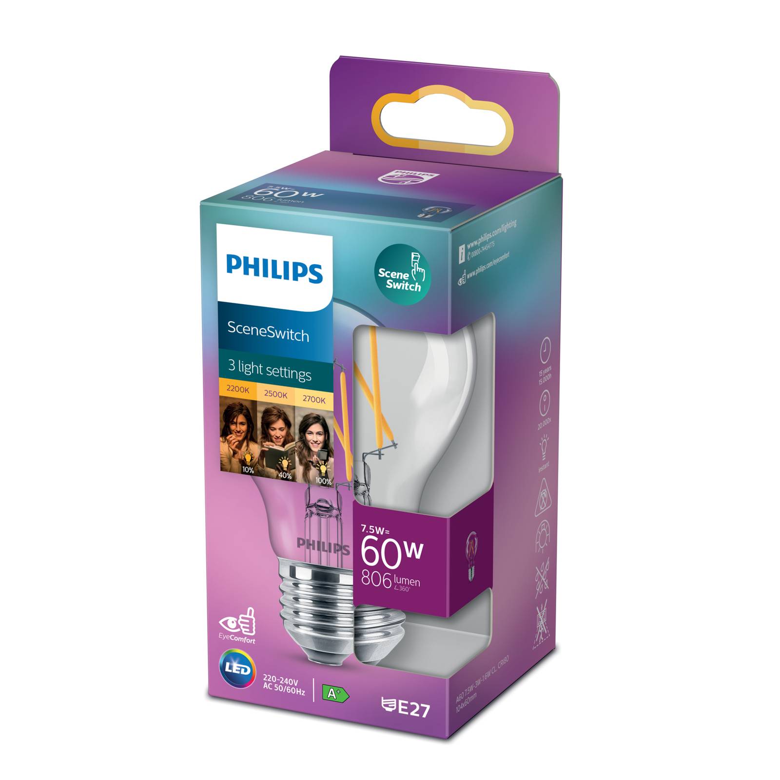 Philips SceneSwitch E27 LED-lampe med glødetråd 7,5 W